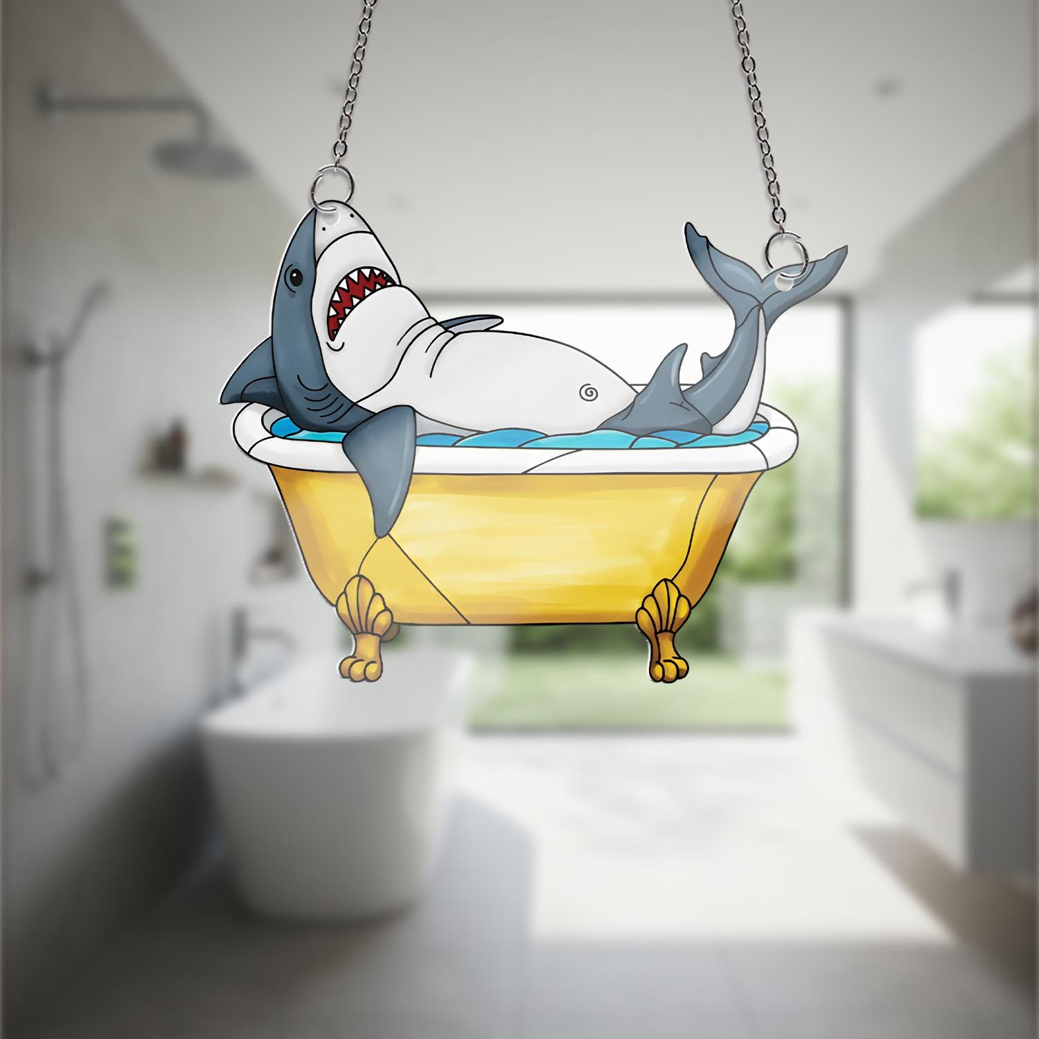 Chubby Shark in Bathtub Acrylic Window Hanging, Funny Ocean Suncatcher, Cute Sea Decor, Quirky Bathroom Gift, Shark Lover Art,Bathroom Decor