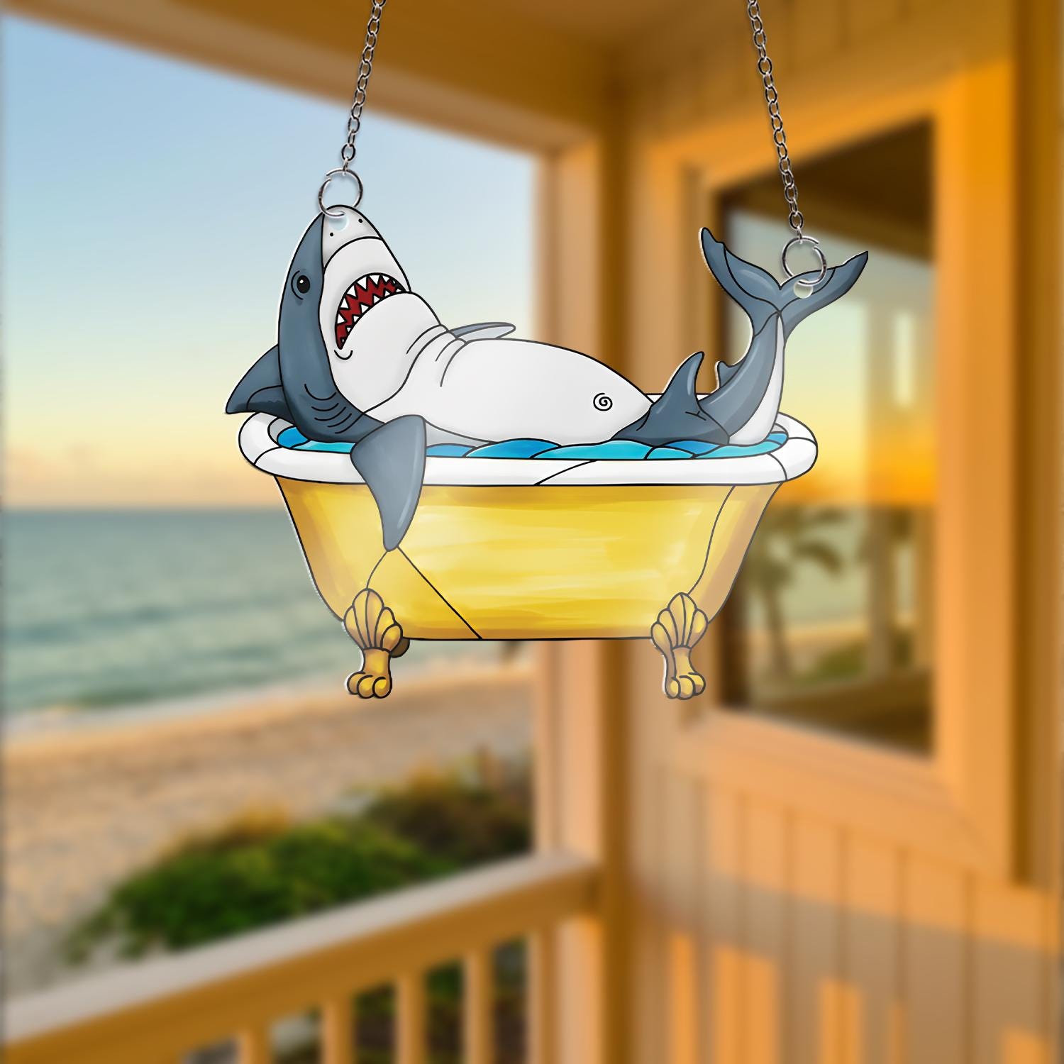 Chubby Shark in Bathtub Acrylic Window Hanging, Funny Ocean Suncatcher, Cute Sea Decor, Quirky Bathroom Gift, Shark Lover Art,Bathroom Decor