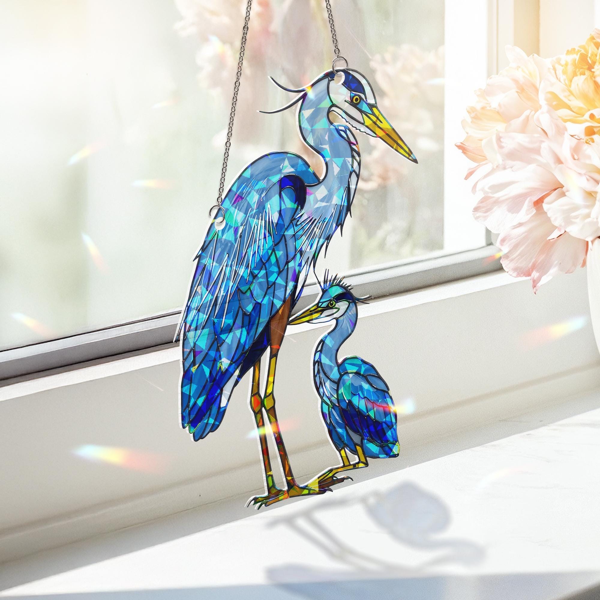 Blue Great Heron Mom and Baby Suncatcher – Holographic Window Hanging Gift for Custom Mom on Mother's Day gift