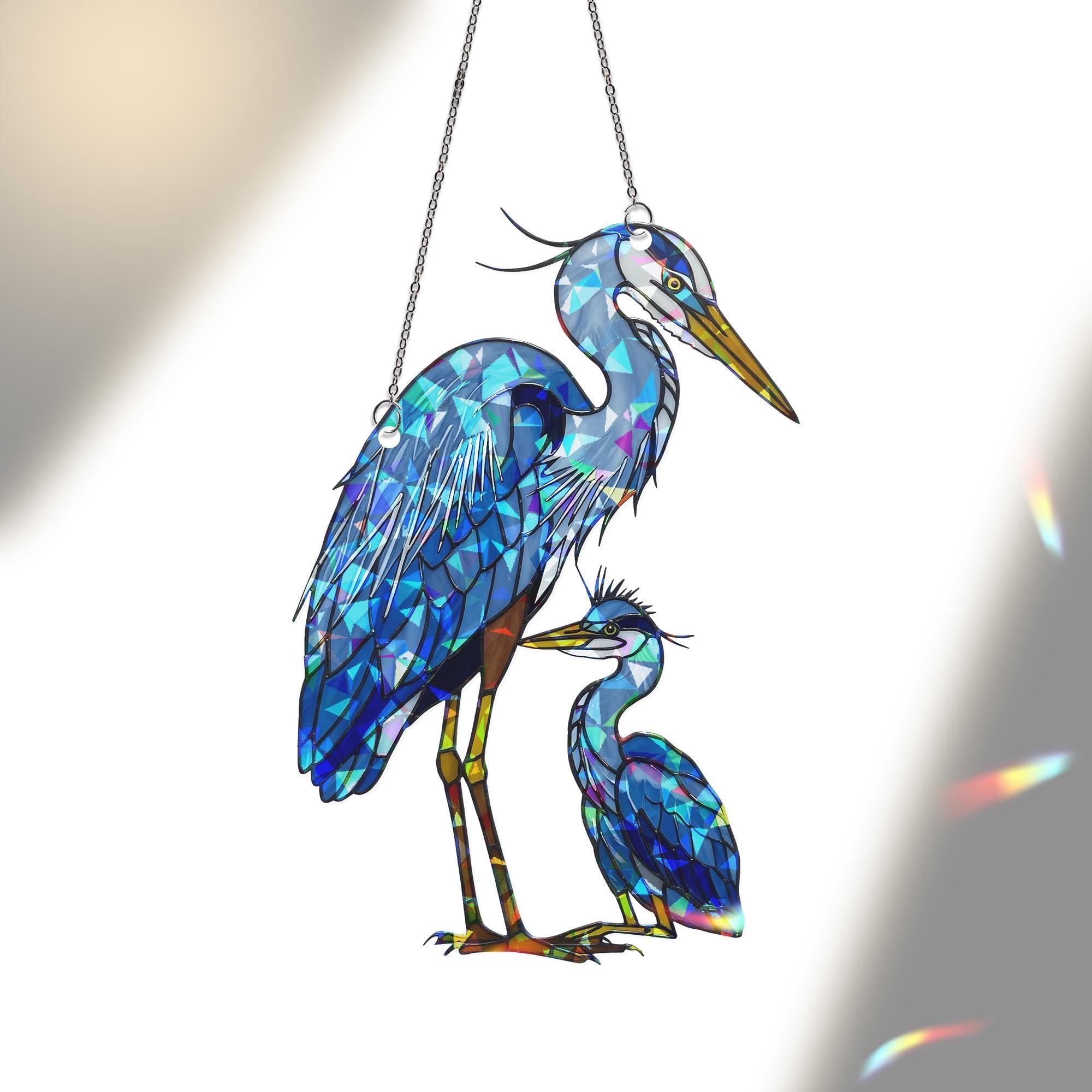 Blue Great Heron Mom and Baby Suncatcher – Holographic Window Hanging Gift for Custom Mom on Mother's Day gift