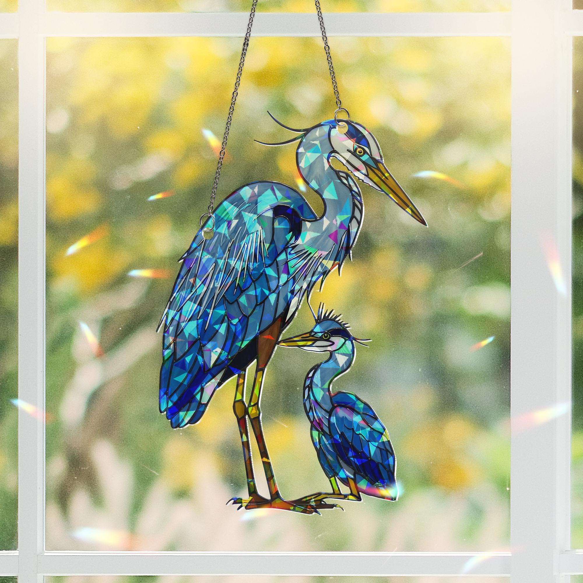 Blue Great Heron Mom and Baby Suncatcher – Holographic Window Hanging Gift for Custom Mom on Mother's Day gift