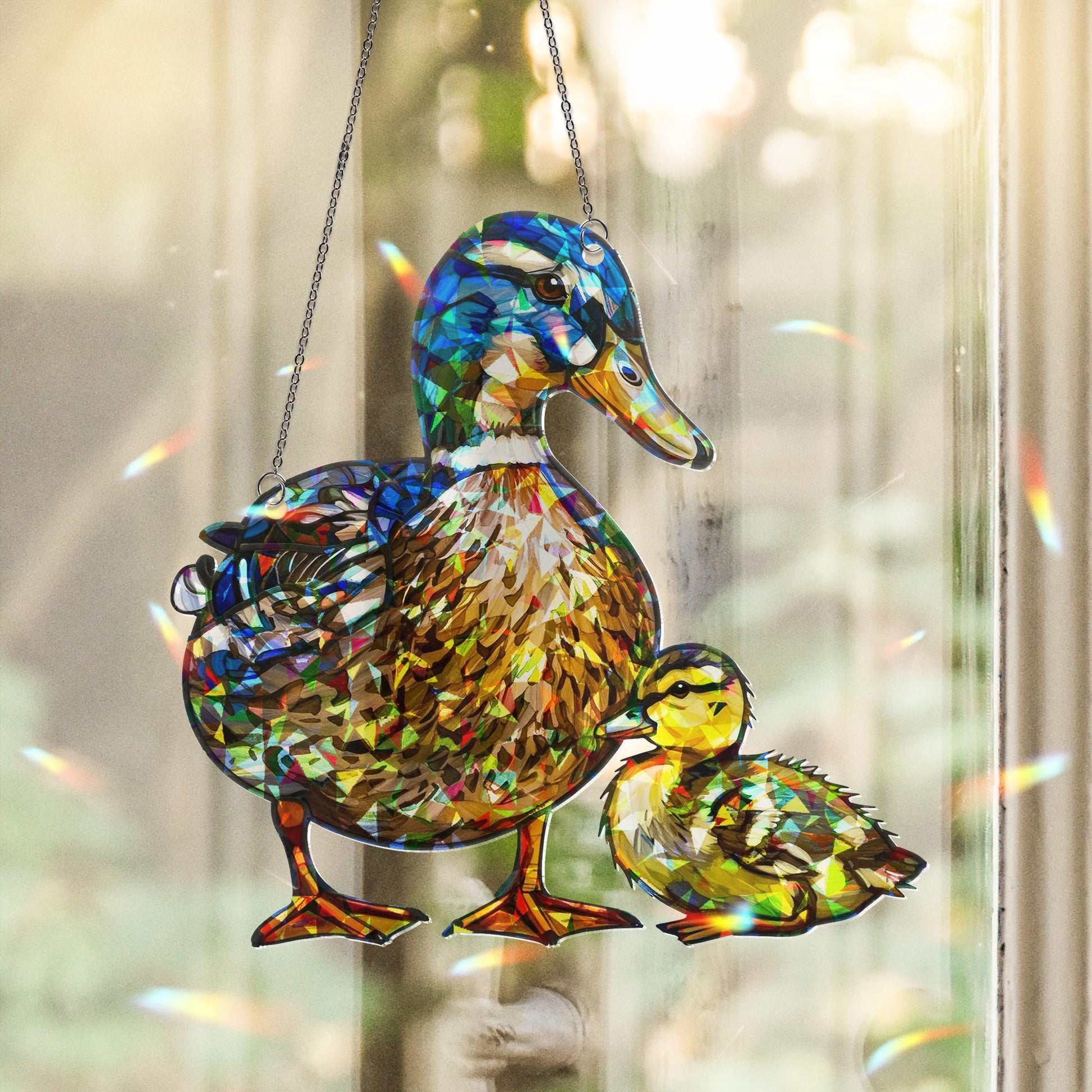 Holographic Mallard Duck Suncatcher – Mother Duck and Baby Window Hanging Gift for Mom – Inspired Mother’s Day Gift for Bird Lovers
