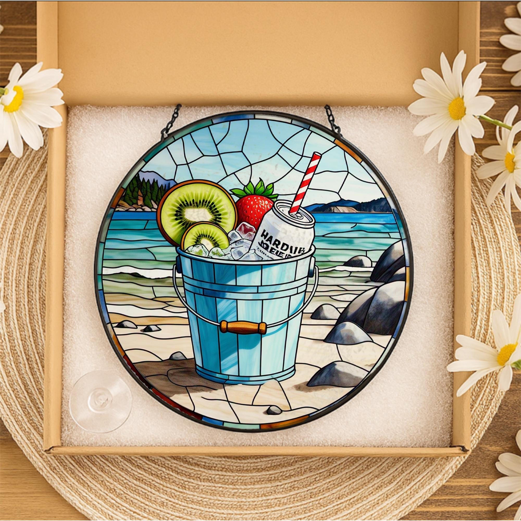 Cocktail on the Beach Glass Suncatcher – Tropical Window Decor – Relaxing Mother's Day Gift for Beach Lovers & Summer Vibes