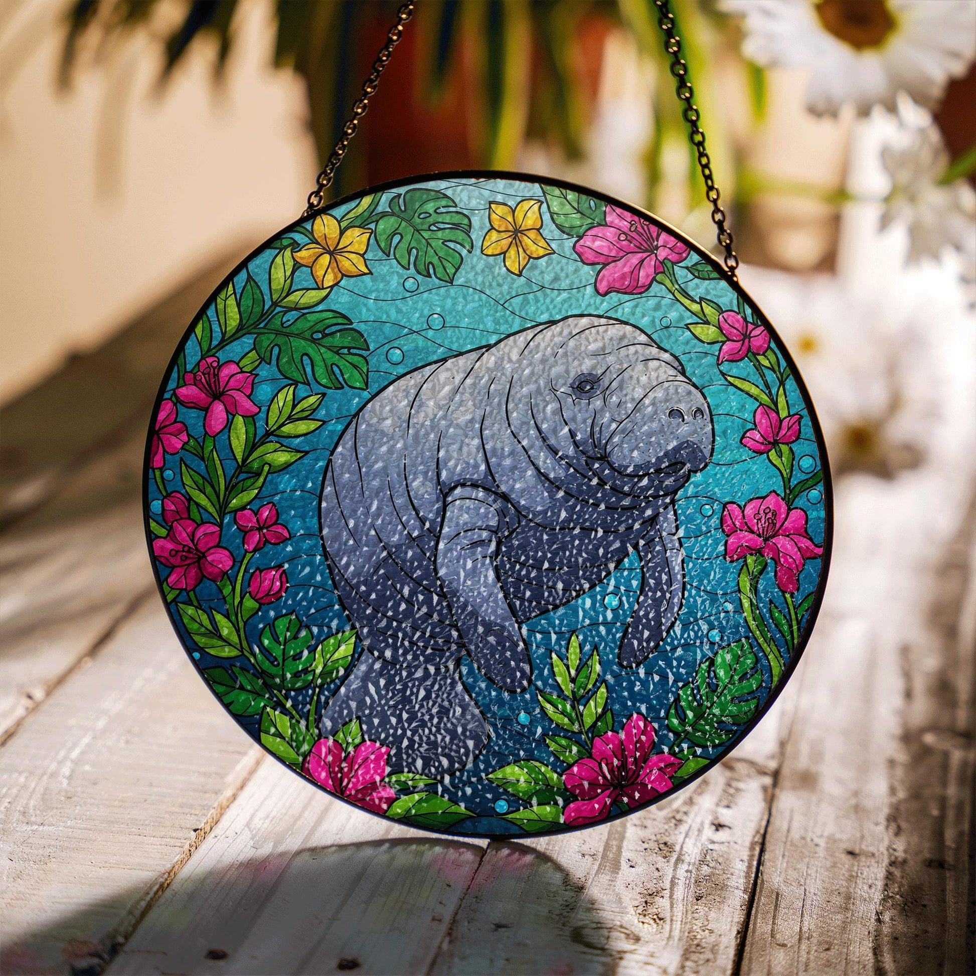 Colorful Manatee Glass Suncatcher – Stained Glass Style Ocean Animal Decor with Flowers – Hanging Window Art for Beach Lovers