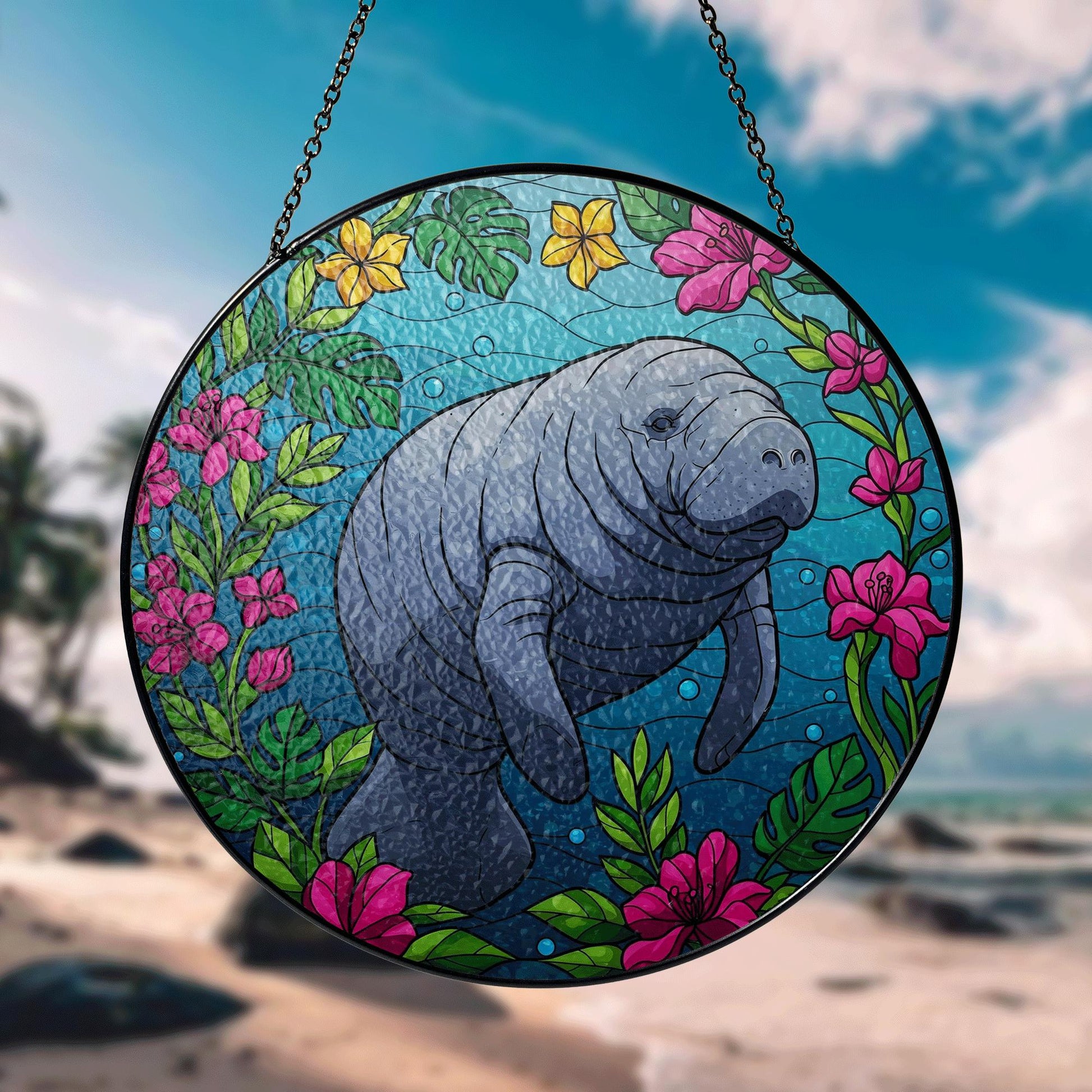Colorful Manatee Glass Suncatcher – Stained Glass Style Ocean Animal Decor with Flowers – Hanging Window Art for Beach Lovers