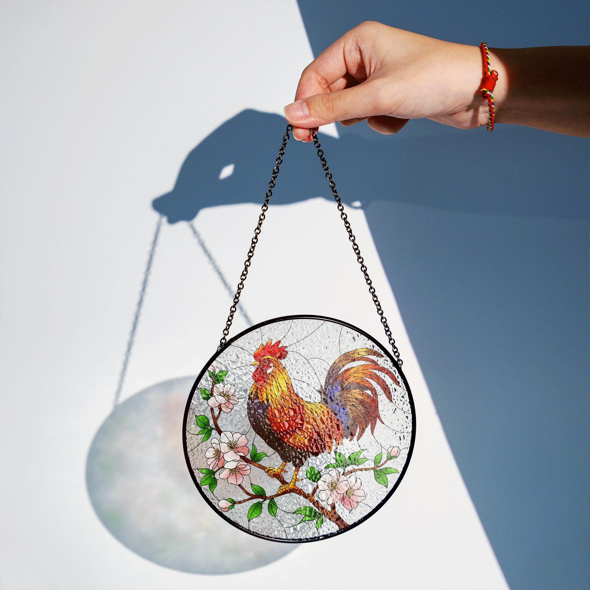 Colorful Rooster Glass Suncatcher – Stained Glass Farm Animal Decor with Cherry Blossoms – Hanging Window Art for Rustic Homes