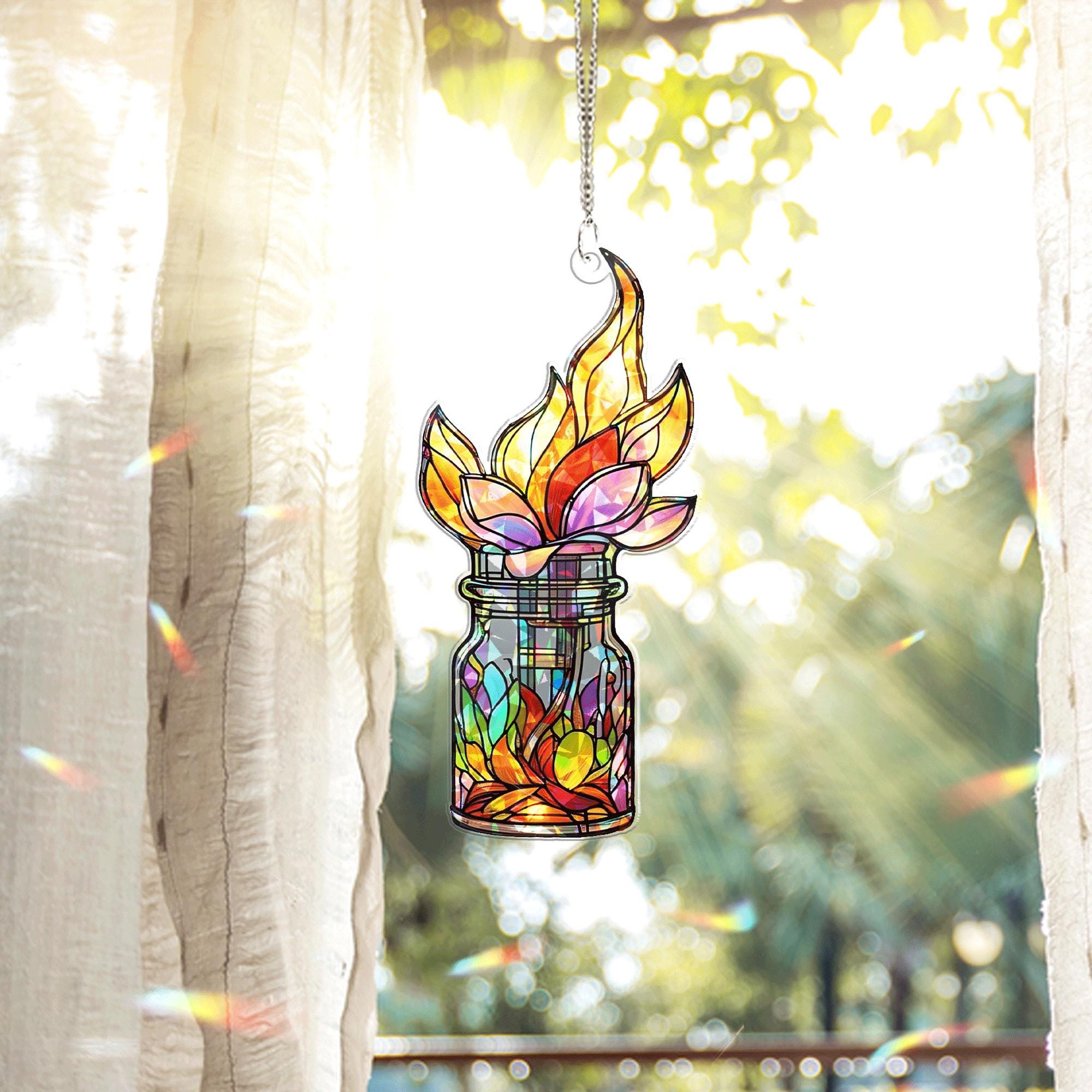 Colorful Flame Flower Jar Hologram Acrylic Window Hanging – Boho Plant Decor, Unique Nature Lover Gift, Lotus Lover Gift