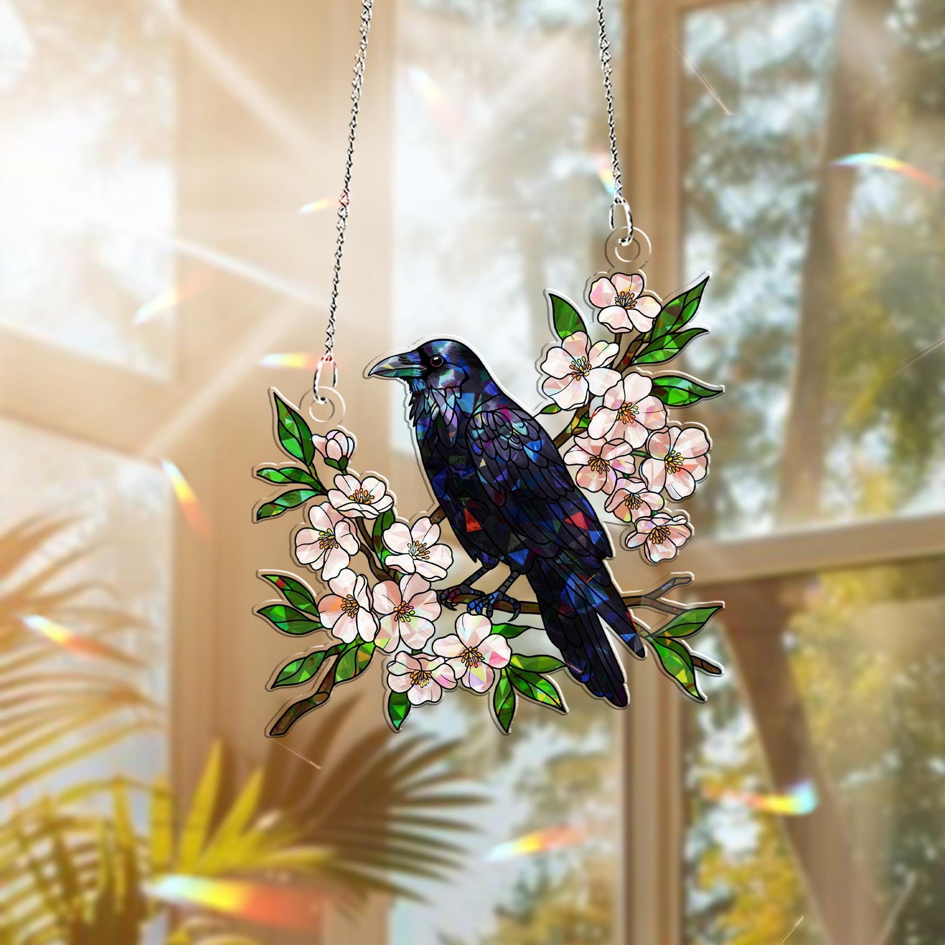 Crow with Cherry Blossom Hologram Acrylic Window Hanging – Elegant Nature Decor – Perfect Mother's Day Gift – Bird & Floral Art