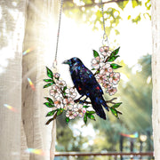 Crow with Cherry Blossom Hologram Acrylic Window Hanging – Elegant Nature Decor – Perfect Mother's Day Gift – Bird & Floral Art
