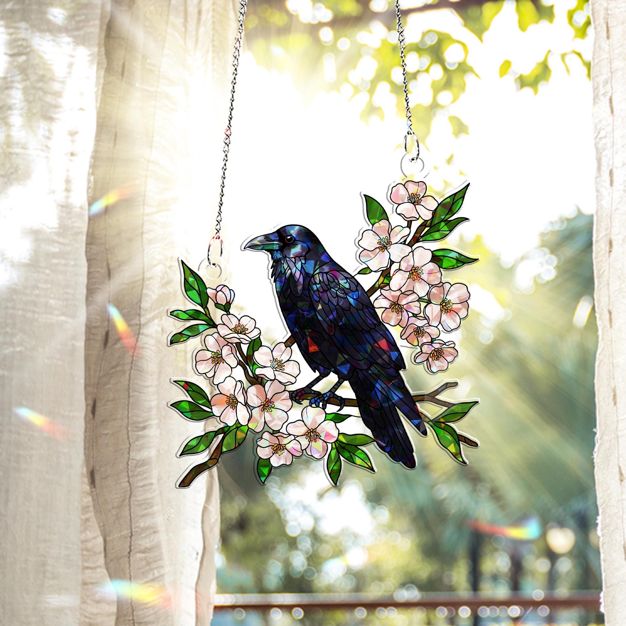 Crow with Cherry Blossom Hologram Acrylic Window Hanging – Elegant Nature Decor – Perfect Mother's Day Gift – Bird & Floral Art