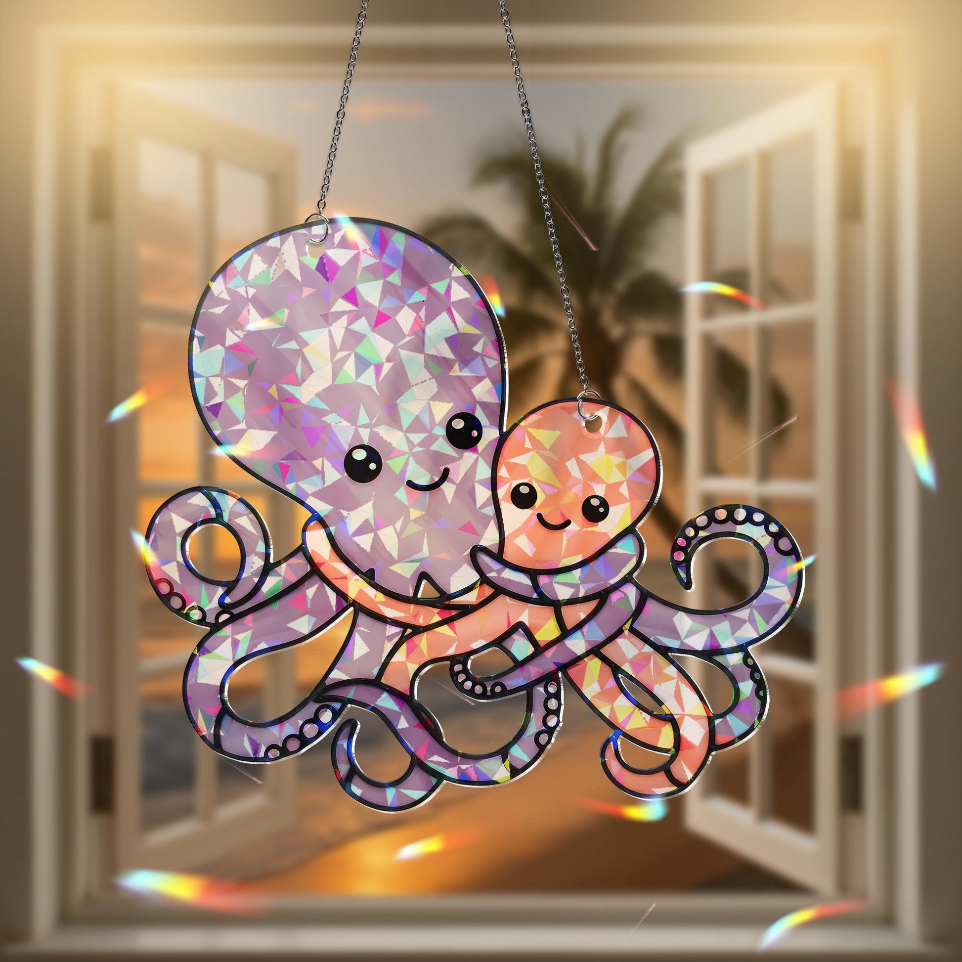Octopus Mom and Baby Sun Catcher – Cute Ocean Animal Hanging Sign – Holographic Acrylic Decor – Mother’s Day Gift – Sea Life Nursery Art
