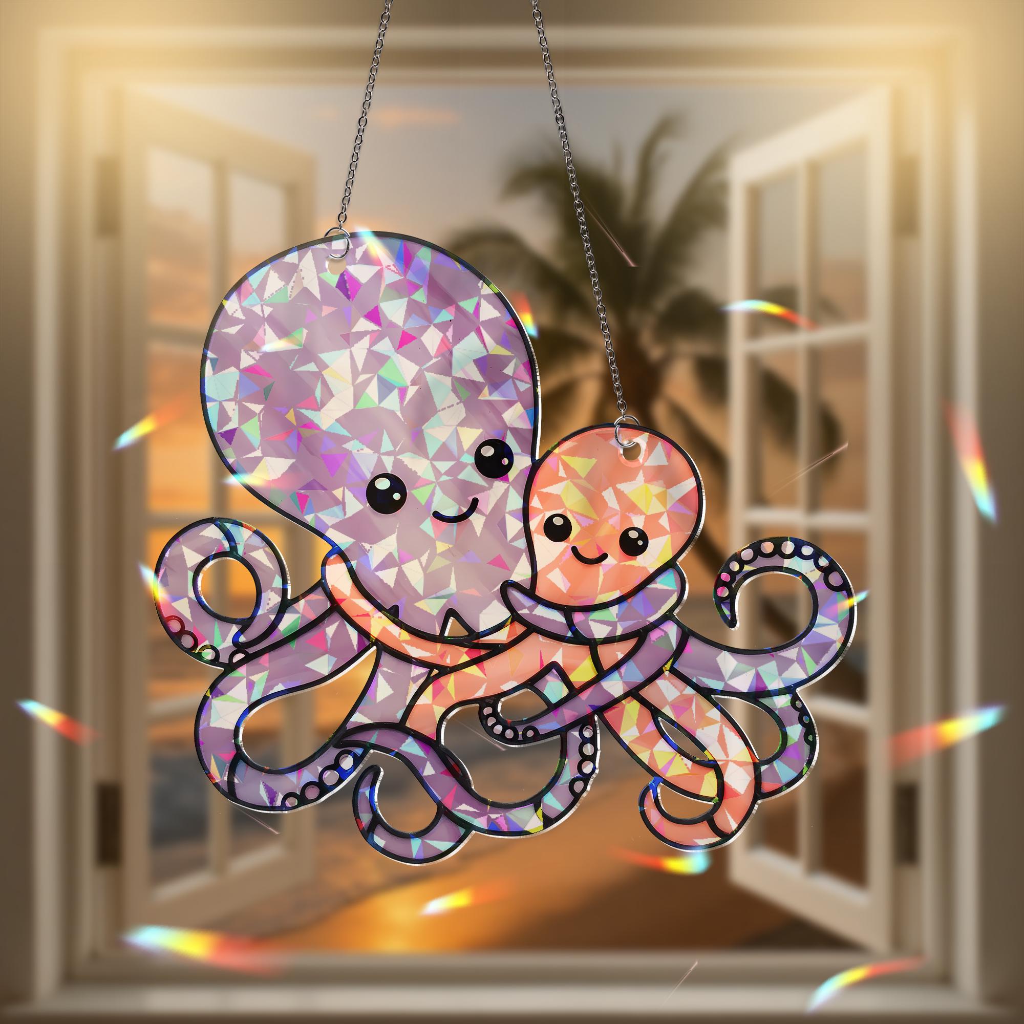 Octopus Mom and Baby Sun Catcher – Cute Ocean Animal Hanging Sign – Holographic Acrylic Decor – Mother’s Day Gift – Sea Life Nursery Art