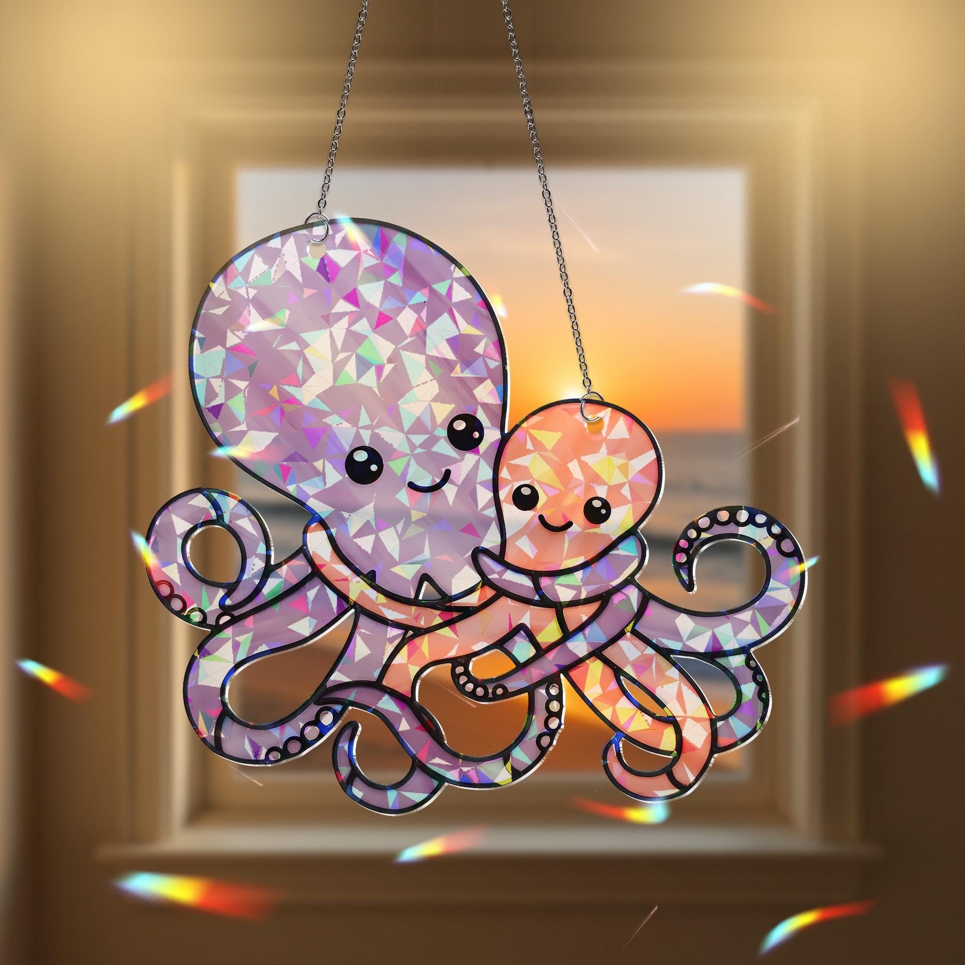 Octopus Mom and Baby Sun Catcher – Cute Ocean Animal Hanging Sign – Holographic Acrylic Decor – Mother’s Day Gift – Sea Life Nursery Art