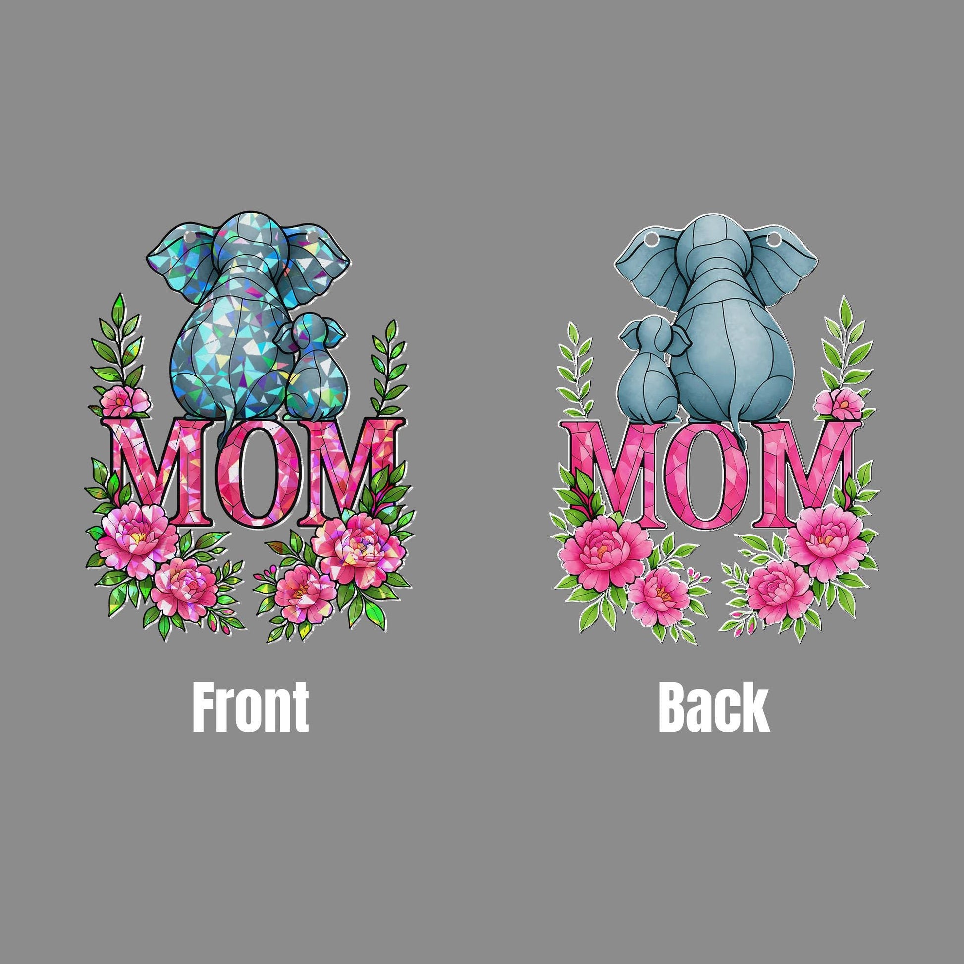 Elephant Mom and Baby Hanging Sign – Floral Acrylic Suncatcher – Holographic Mother’s Day Gift – Elephant Calf – Gift for Elephant Lovers