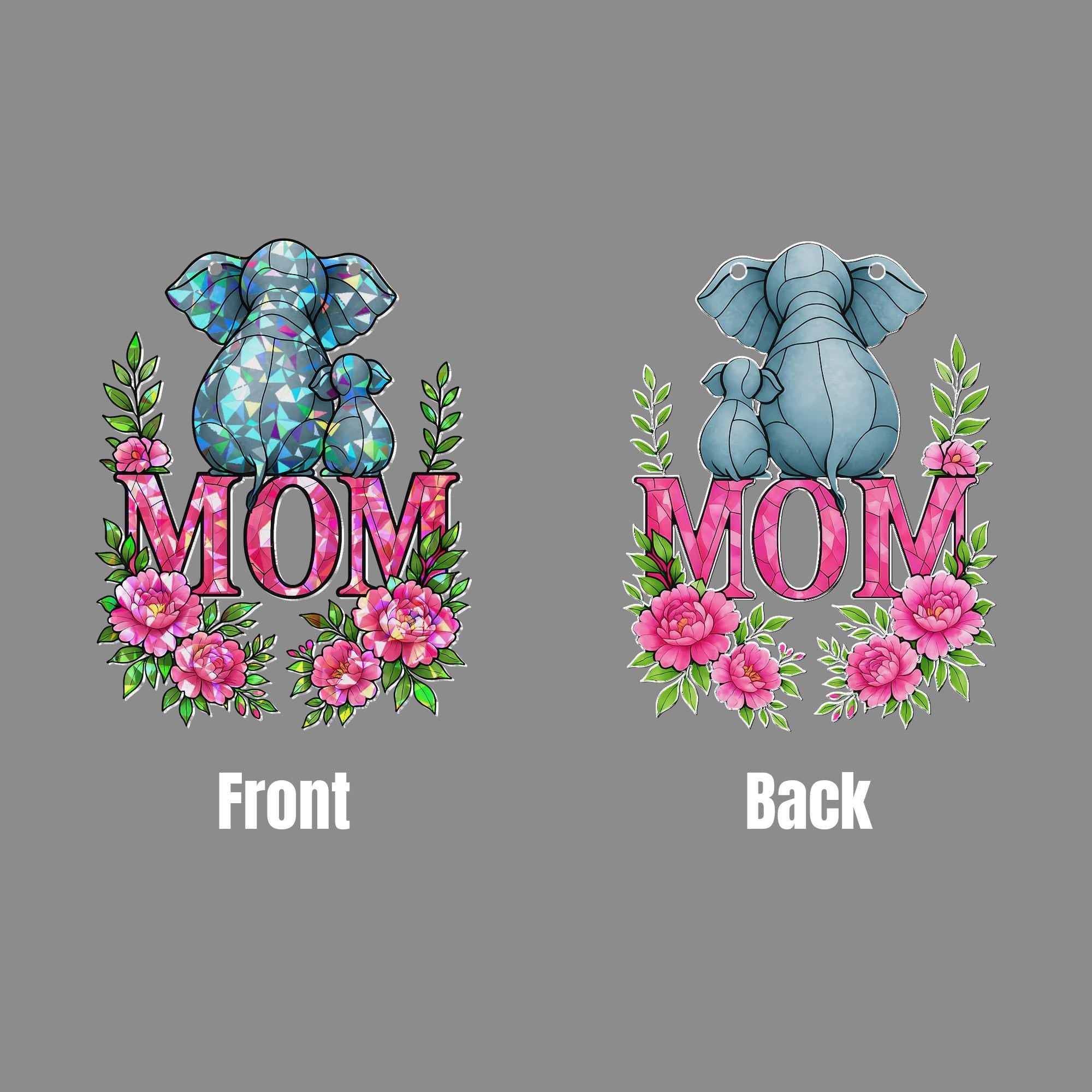 Elephant Mom and Baby Hanging Sign – Floral Acrylic Suncatcher – Holographic Mother’s Day Gift – Elephant Calf – Gift for Elephant Lovers