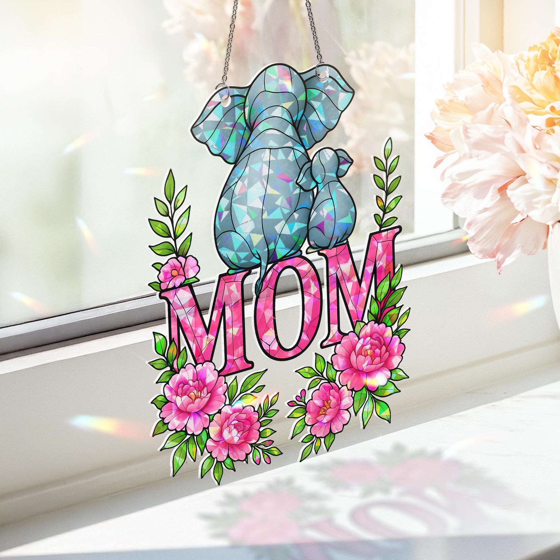 Elephant Mom and Baby Hanging Sign – Floral Acrylic Suncatcher – Holographic Mother’s Day Gift – Elephant Calf – Gift for Elephant Lovers
