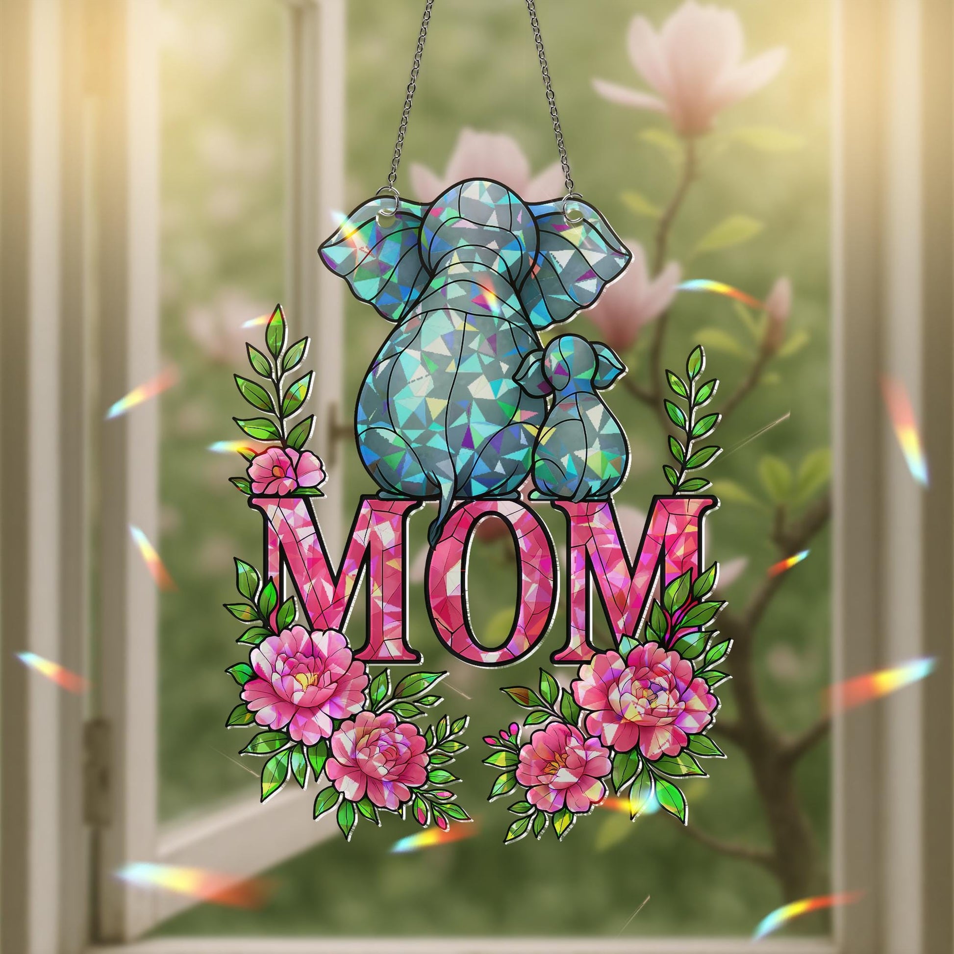 Elephant Mom and Baby Hanging Sign – Floral Acrylic Suncatcher – Holographic Mother’s Day Gift – Elephant Calf – Gift for Elephant Lovers