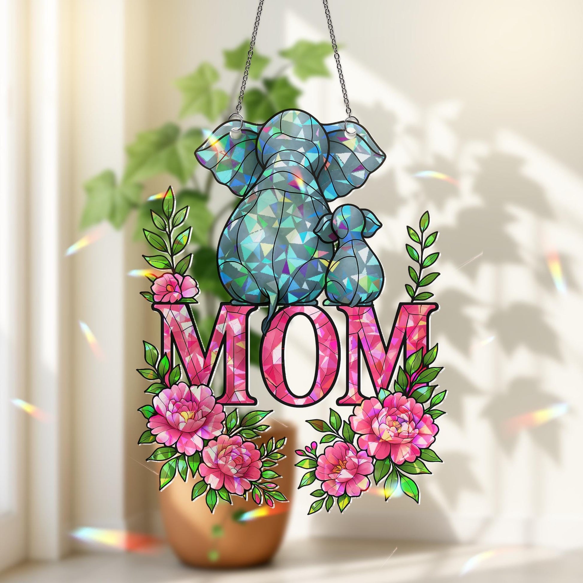 Elephant Mom and Baby Hanging Sign – Floral Acrylic Suncatcher – Holographic Mother’s Day Gift – Elephant Calf – Gift for Elephant Lovers