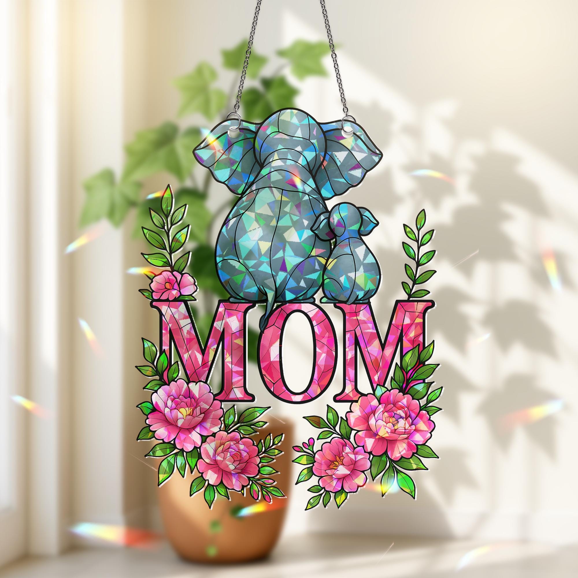 Elephant Mom and Baby Hanging Sign – Floral Acrylic Suncatcher – Holographic Mother’s Day Gift – Elephant Calf – Gift for Elephant Lovers