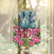 Elephant Mom and Baby Hanging Sign – Floral Acrylic Suncatcher – Holographic Mother’s Day Gift – Elephant Calf – Gift for Elephant Lovers