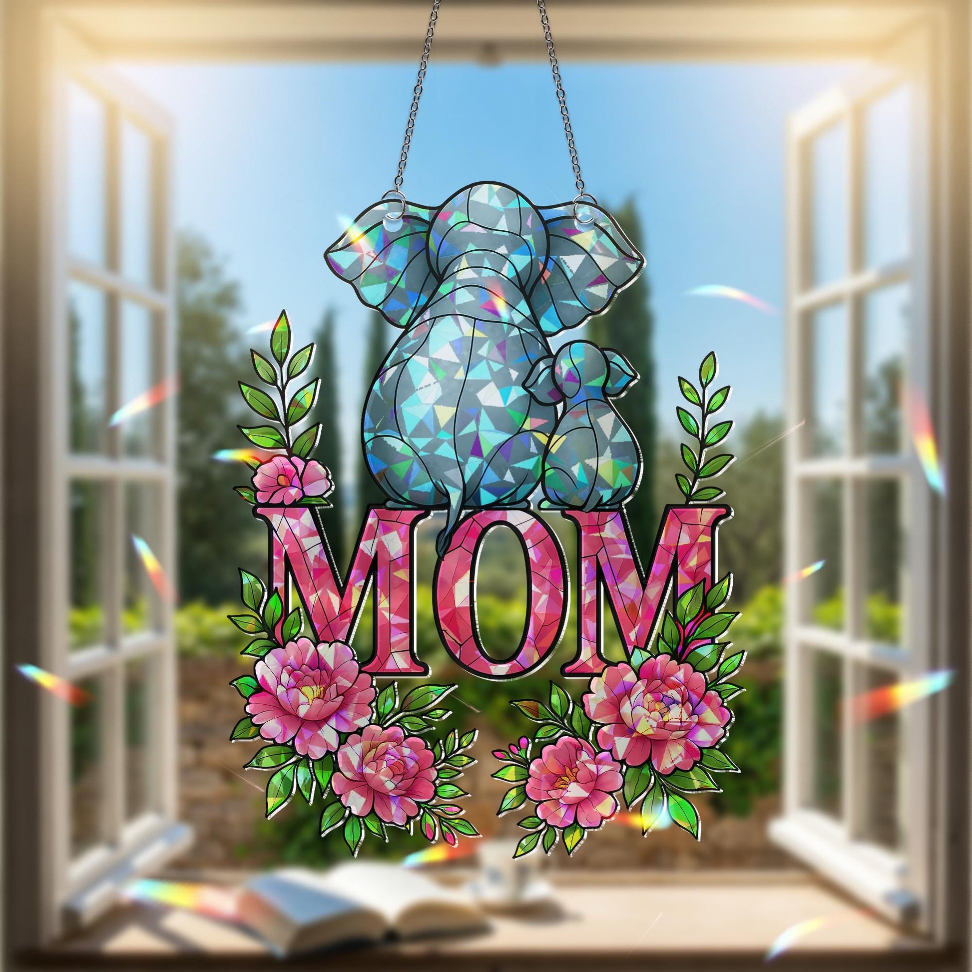 Elephant Mom and Baby Hanging Sign – Floral Acrylic Suncatcher – Holographic Mother’s Day Gift – Elephant Calf – Gift for Elephant Lovers