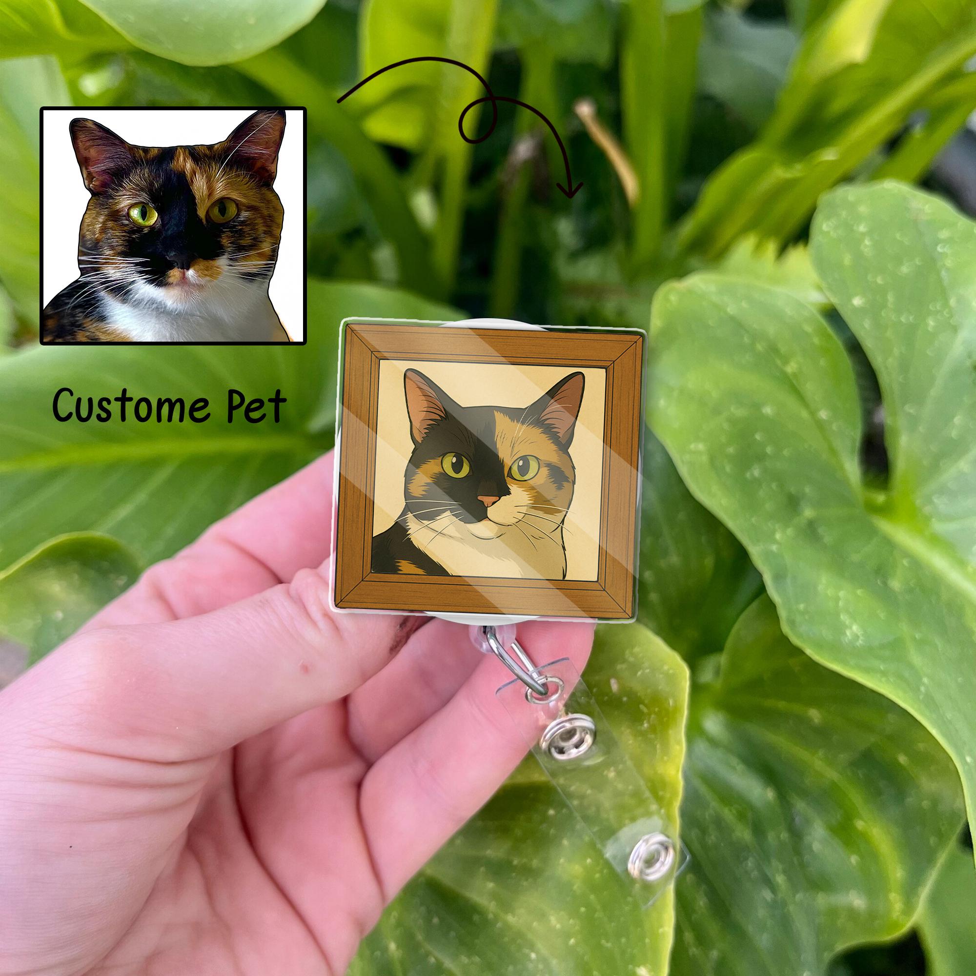 Custom Chibi Art Pet Portrait Badge Reel – Vintage Frame ID Holder with Pet Photo in Chibi Anime Cartoonize Style – Mother’s Day Gift