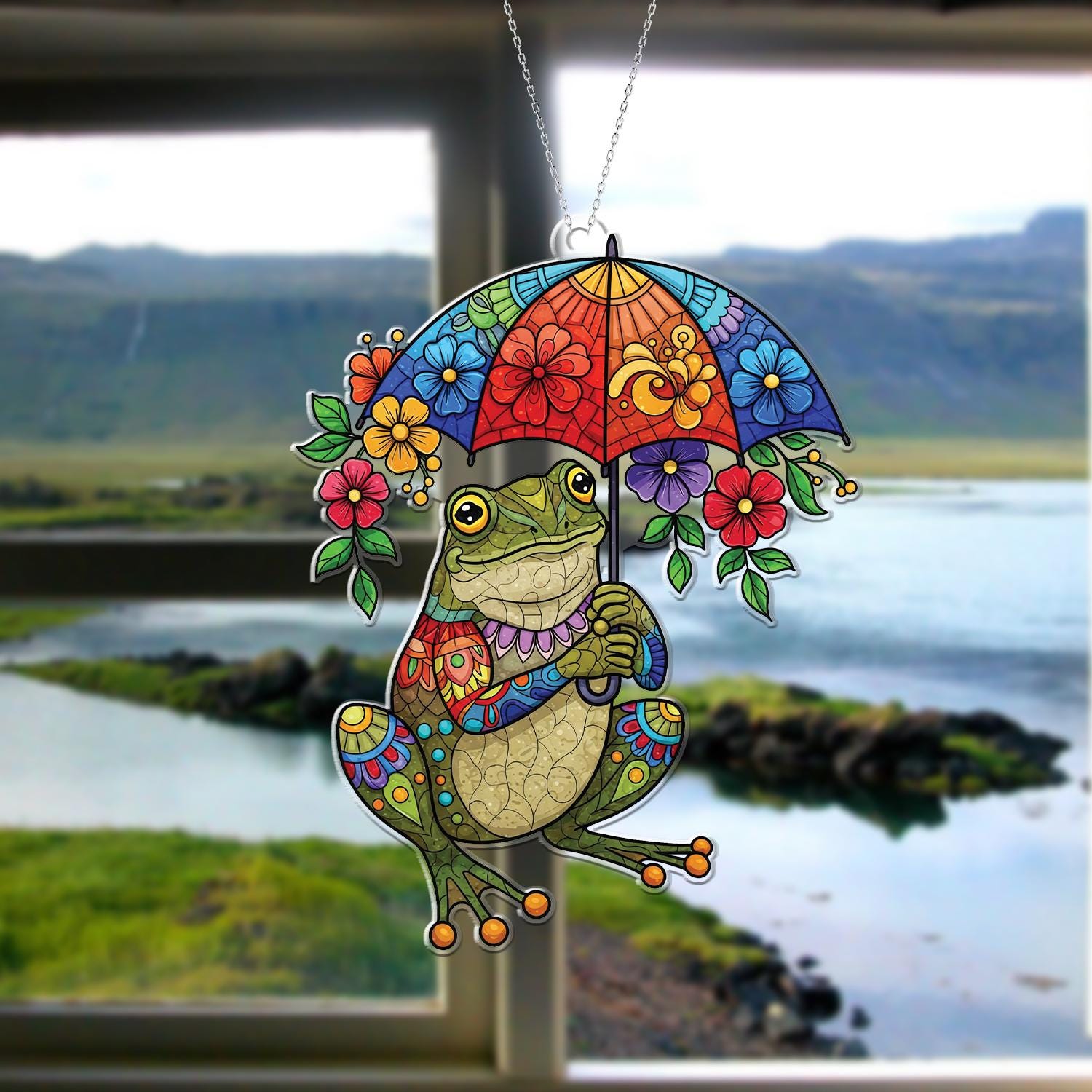 Colorful Frog Umbrella Window Hanging | Acrylic Suncatcher Decor | Whimsical Frog Gift | Flower Frog Art | Mother's Day Window Charm