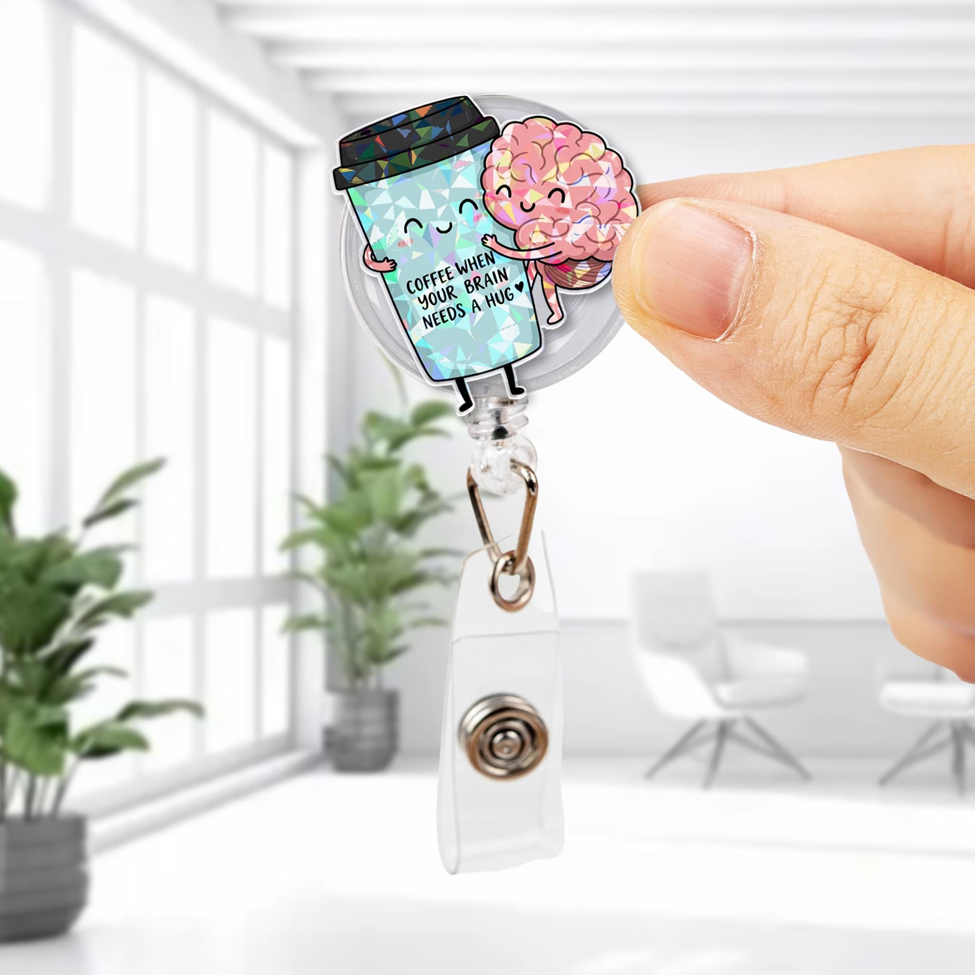 Coffee and Brain Badge Reel | Coffee Hug ID Holder | Cute Holographic Badge Clip | Caffeine Lover Gift | Funny Nurse Work Badge