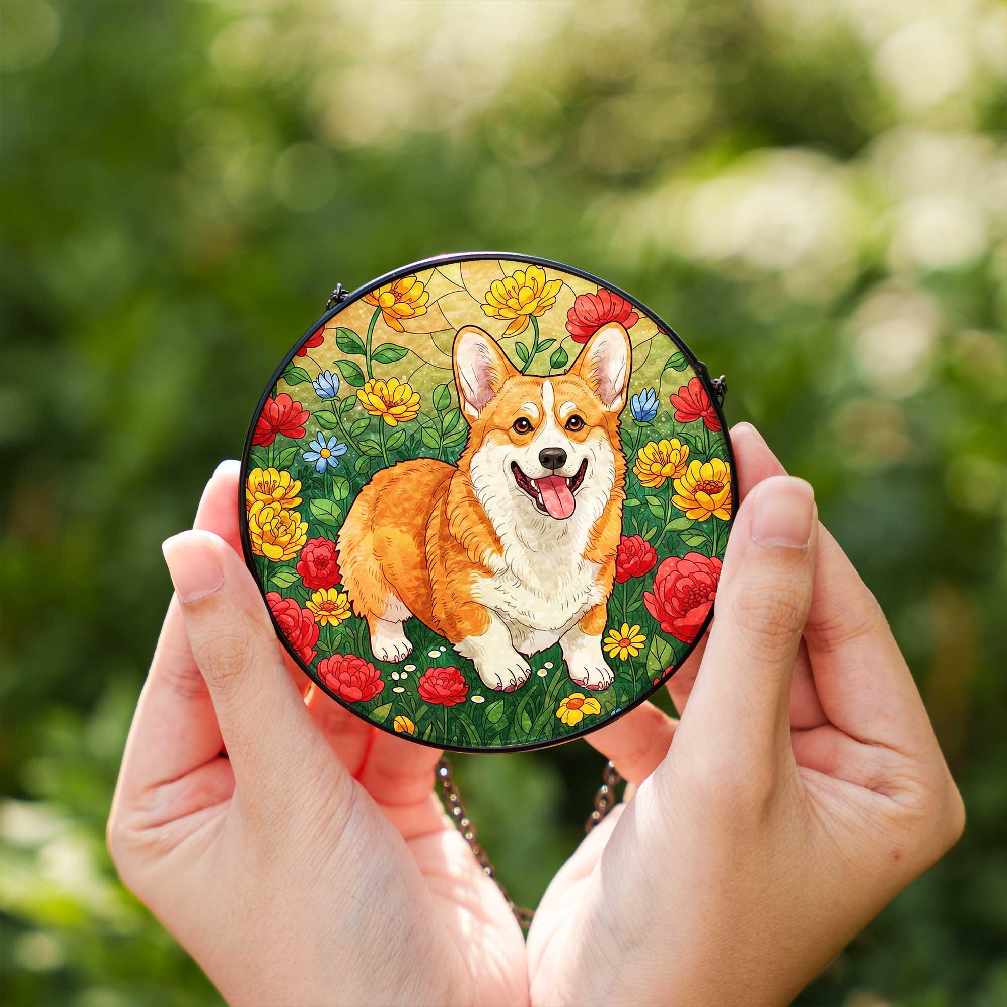 Corgi Dog Glass Suncatcher – Stained Glass Style Round Pet Window Hanging, Cute Floral Puppy Decor, Dog Lover Gift for Home or Garden