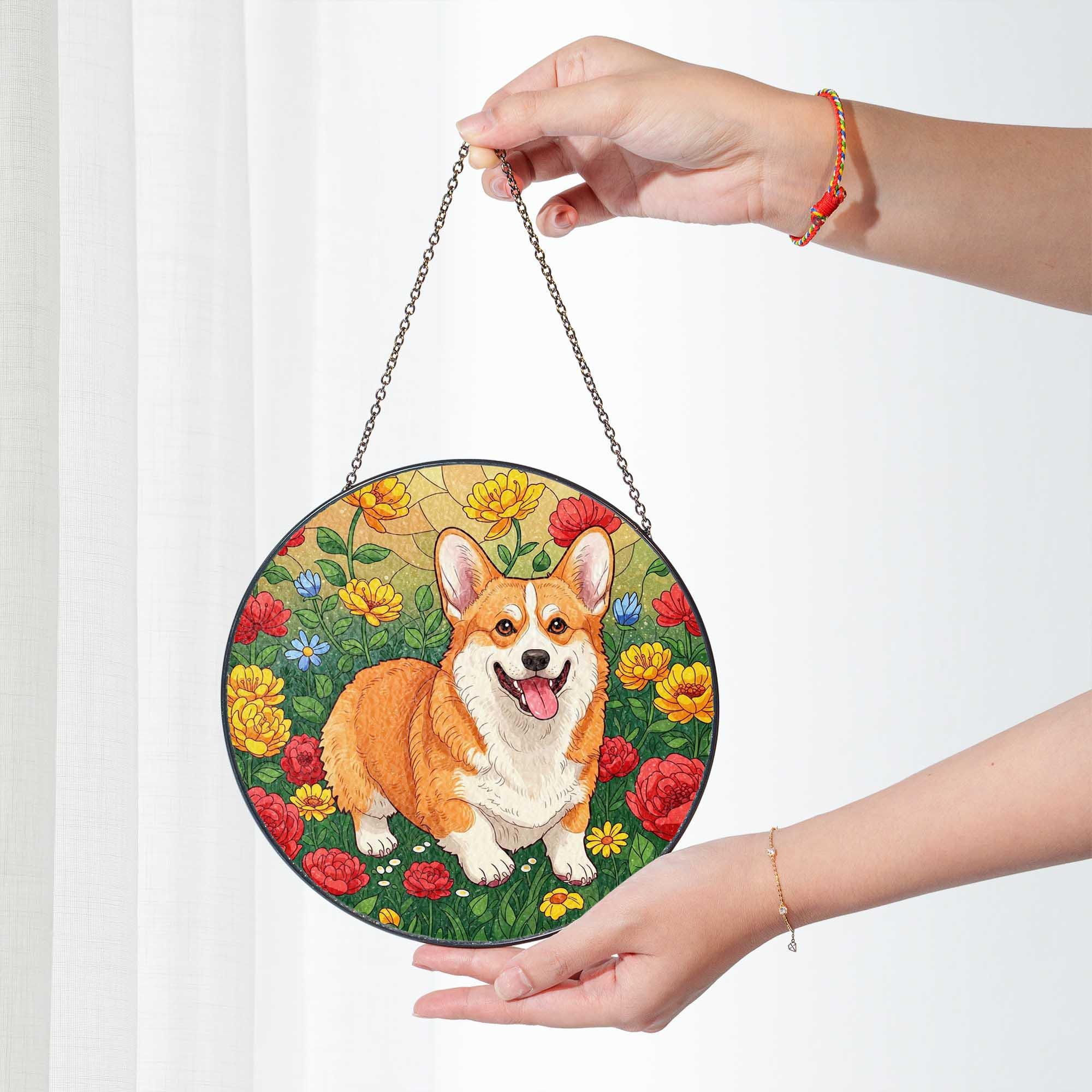 Corgi Dog Glass Suncatcher – Stained Glass Style Round Pet Window Hanging, Cute Floral Puppy Decor, Dog Lover Gift for Home or Garden