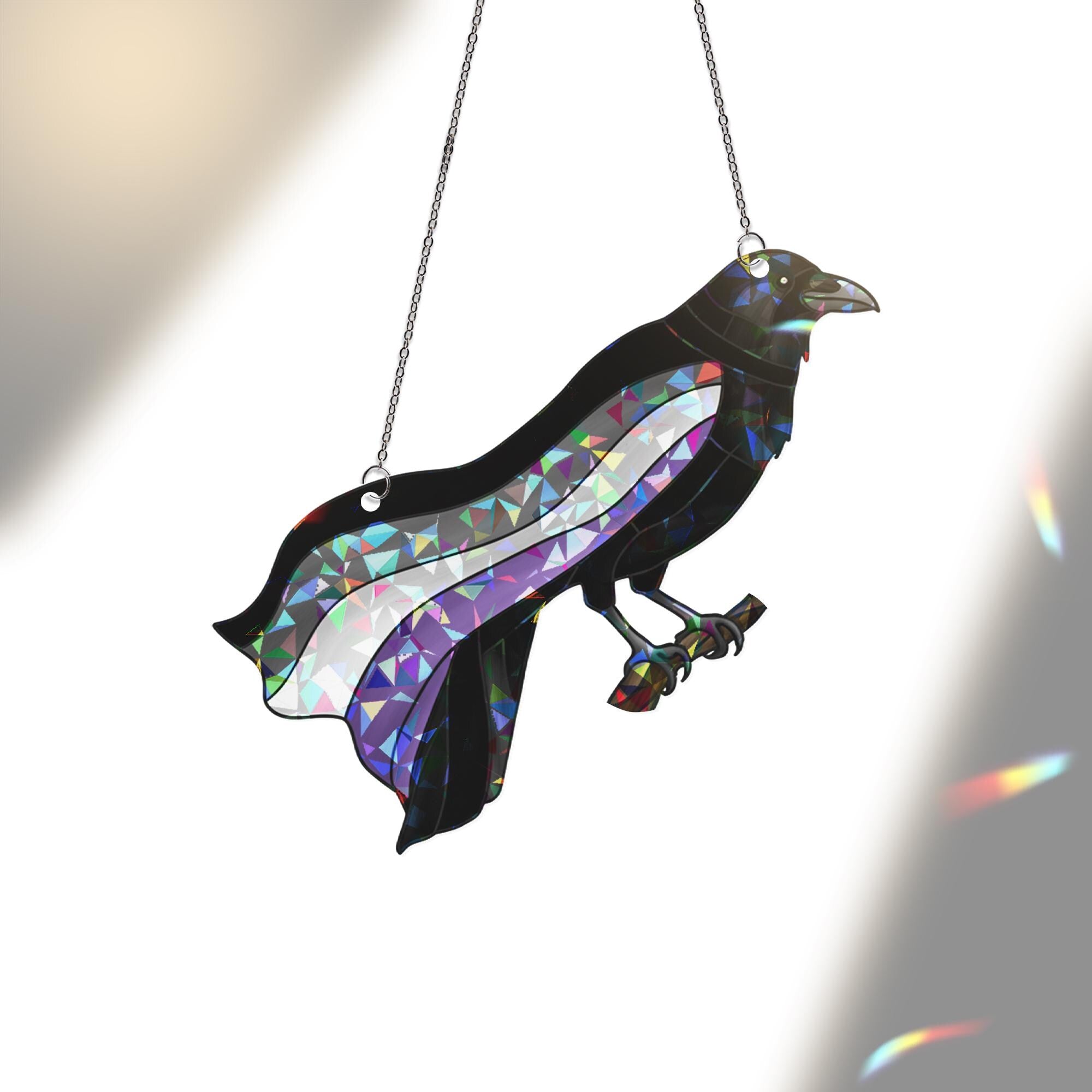 Crow Asexual Pride Suncatcher | Holographic Acrylic Window Decor | Ace LGBTQ+ Bird Lover Gift | Gothic Raven Aesthetic Sun Catcher