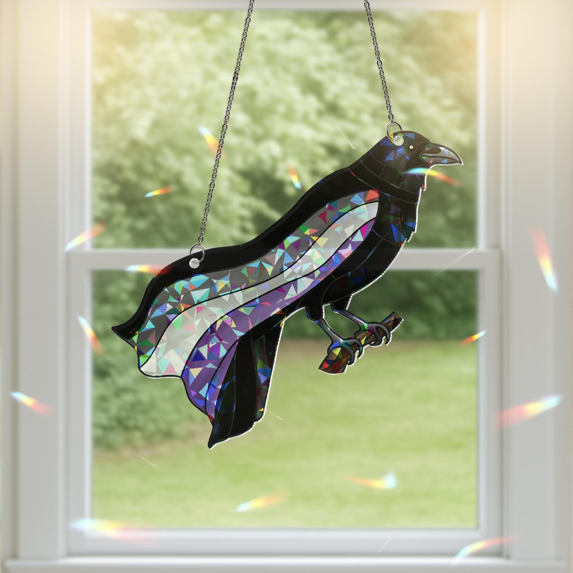 Crow Asexual Pride Suncatcher | Holographic Acrylic Window Decor | Ace LGBTQ+ Bird Lover Gift | Gothic Raven Aesthetic Sun Catcher