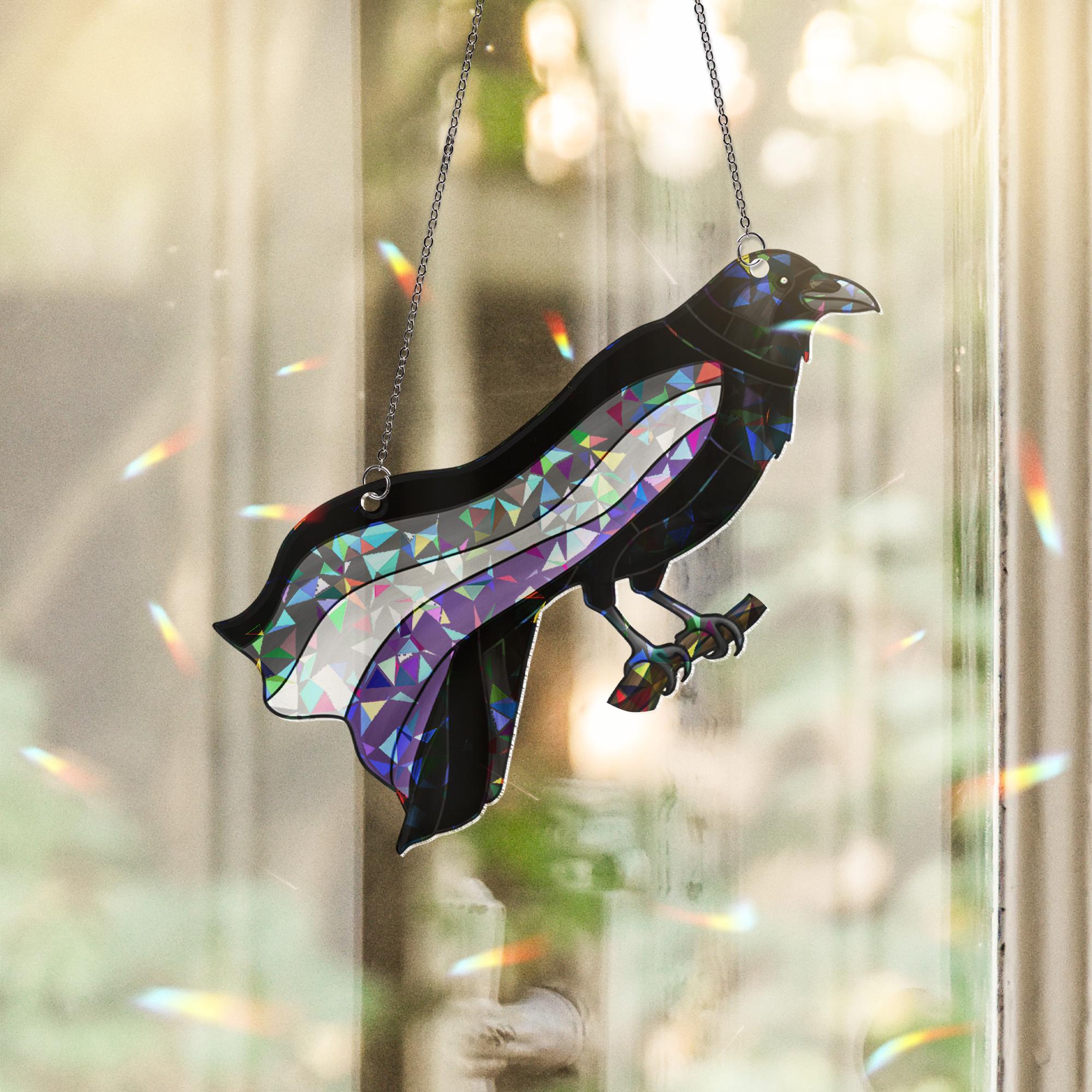 Crow Asexual Pride Suncatcher | Holographic Acrylic Window Decor | Ace LGBTQ+ Bird Lover Gift | Gothic Raven Aesthetic Sun Catcher