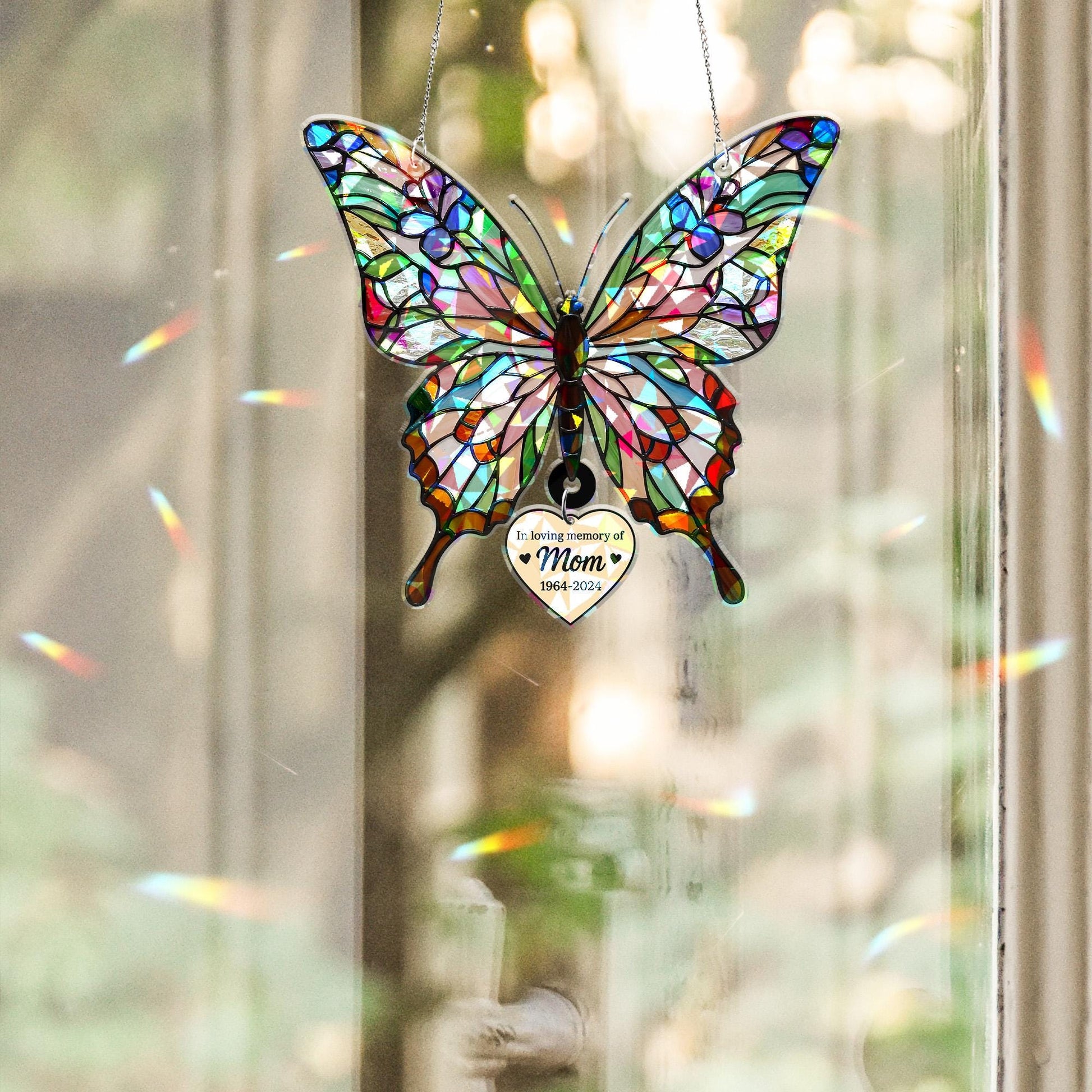 Custom Butterfly Holographic Acrylic Suncatcher with Hanging Heart Memorial Gift for Mom on Mother's Day, In Loving Memory Window Decor