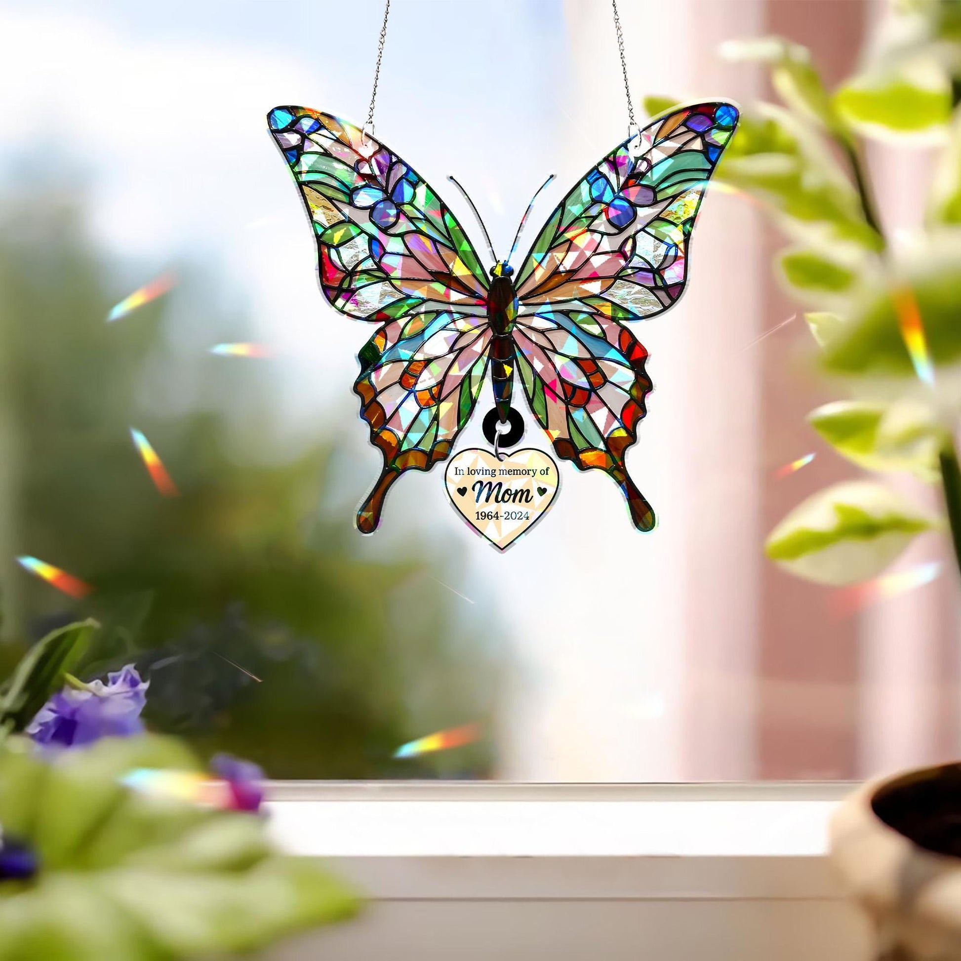 Custom Butterfly Holographic Acrylic Suncatcher with Hanging Heart Memorial Gift for Mom on Mother's Day, In Loving Memory Window Decor