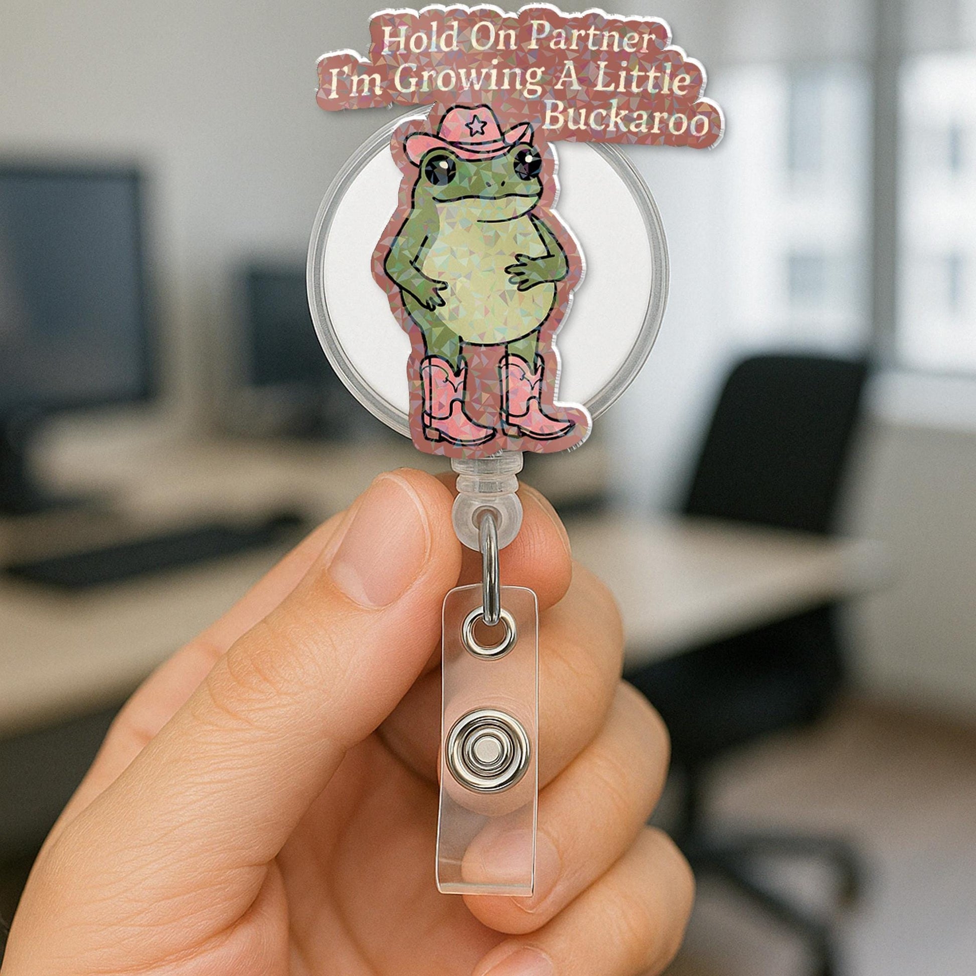 Cowboy Frog Badge Reel Gift for Expecting Mom or Nurse – Cute Baby Announcement Accessory for Mother's Day, Funny Pregnancy Reveal Clip