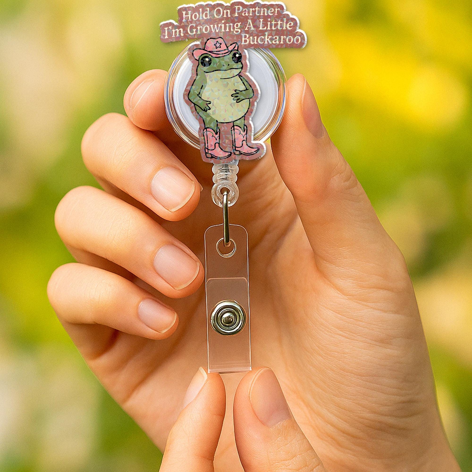 Cowboy Frog Badge Reel Gift for Expecting Mom or Nurse – Cute Baby Announcement Accessory for Mother's Day, Funny Pregnancy Reveal Clip