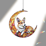 Crescent Moon Corgi Dog Hologram Window Hanging | Dog Stained Glass Art Suncatcher | Cute Pet Lover Decor for Home, Office or Nursery