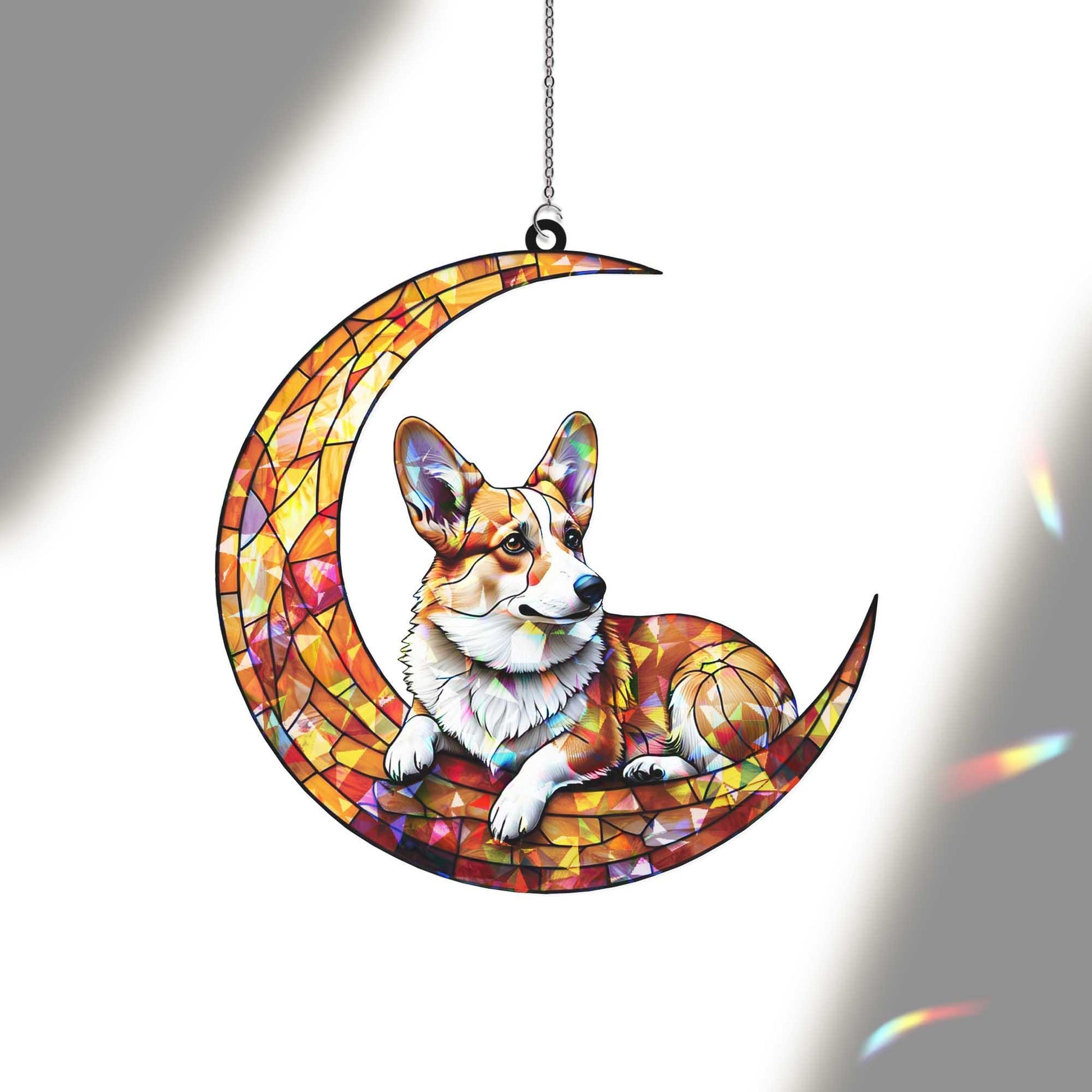 Crescent Moon Corgi Dog Hologram Window Hanging | Dog Stained Glass Art Suncatcher | Cute Pet Lover Decor for Home, Office or Nursery