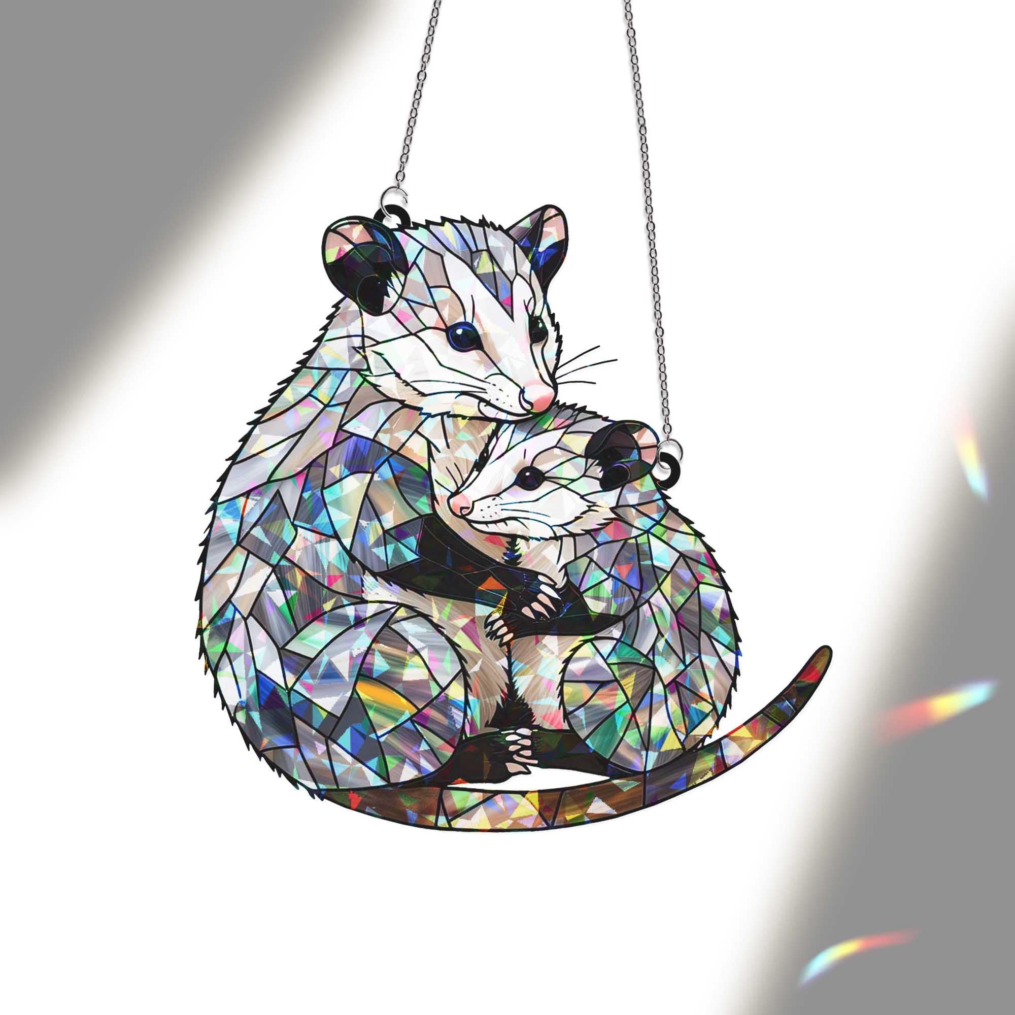 Mama & Baby Opossum Hologram Window Hanging | Opossum Art Suncatcher | Cute Woodland Animal Decor for Home or Nursery