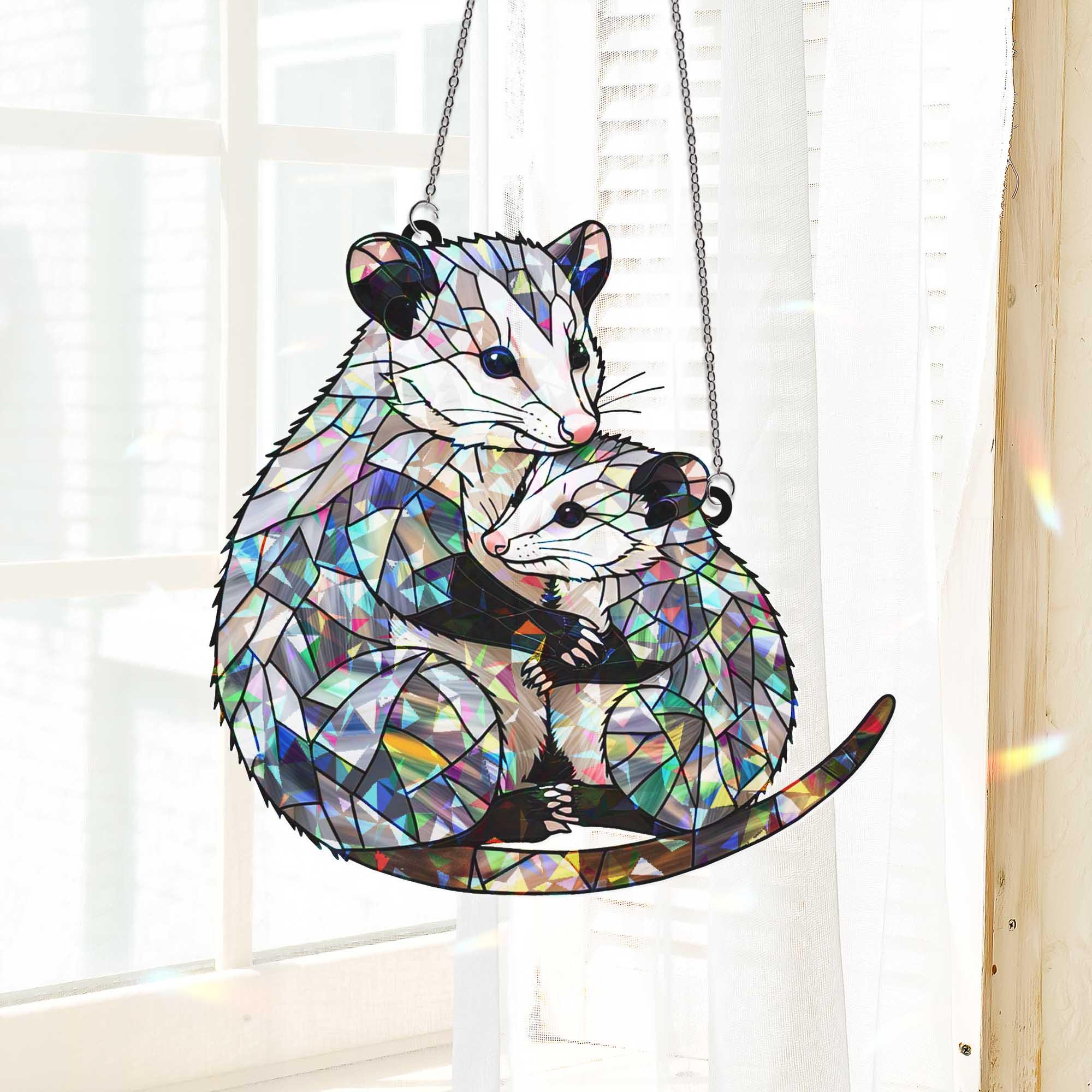 Mama & Baby Opossum Hologram Window Hanging | Opossum Art Suncatcher | Cute Woodland Animal Decor for Home or Nursery