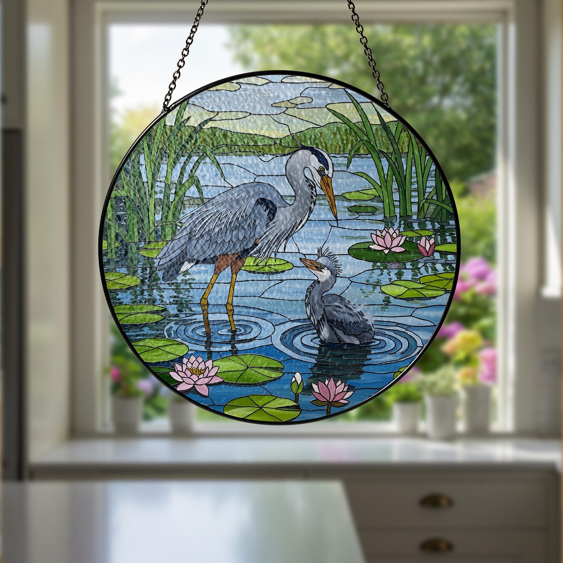 Blue Heron Mom and Baby Glass Suncatcher – Handmade Bird Art Gift for Mom – Mother’s Day Window Decor – Stained Glass Ornament