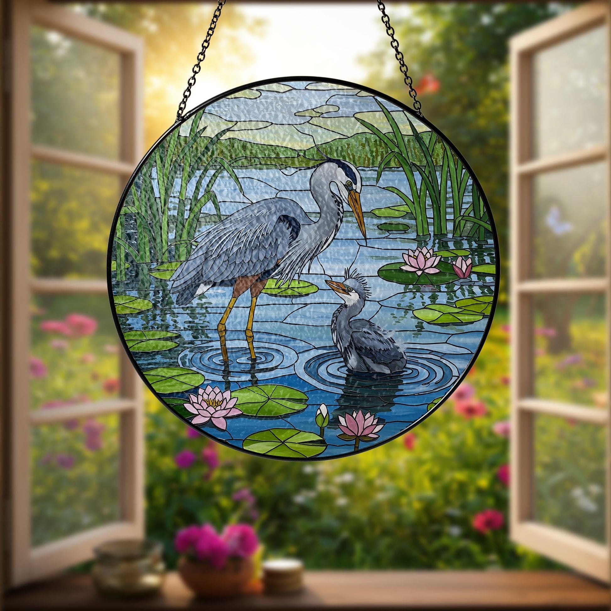 Blue Heron Mom and Baby Glass Suncatcher – Handmade Bird Art Gift for Mom – Mother’s Day Window Decor – Stained Glass Ornament