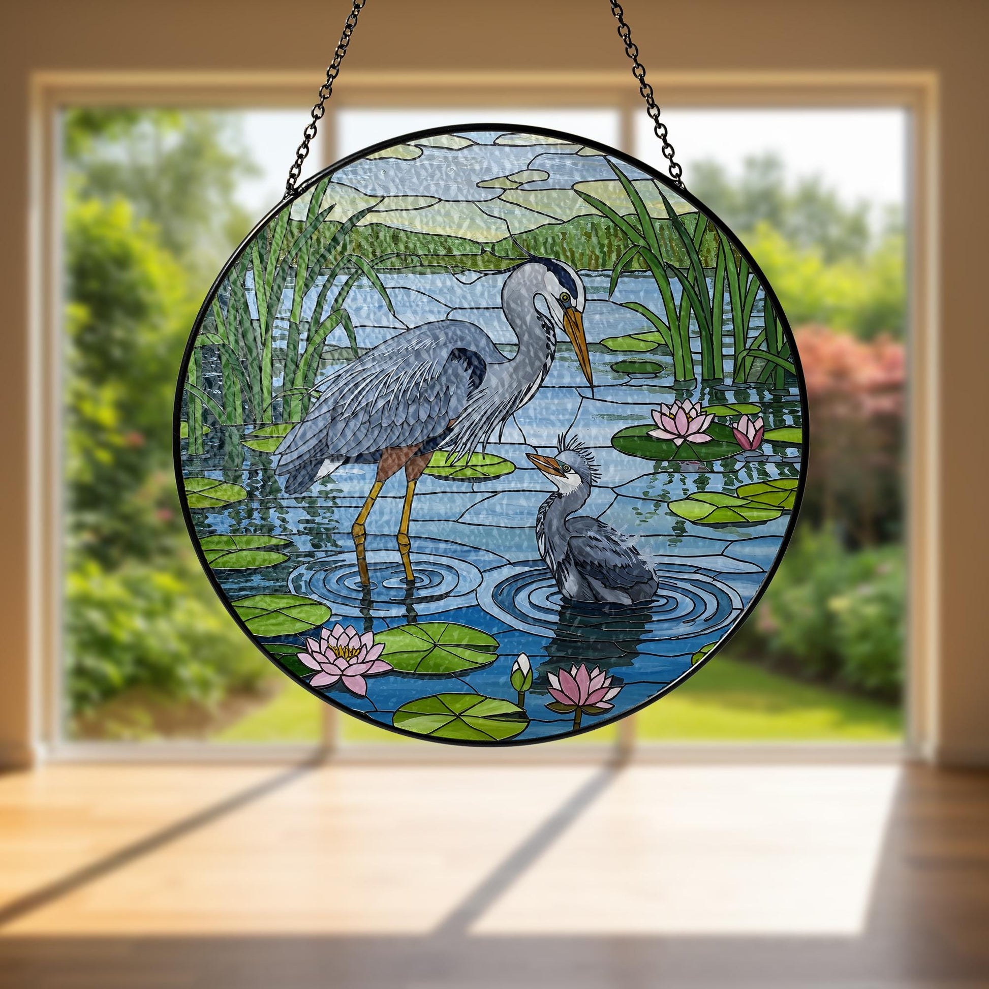 Blue Heron Mom and Baby Glass Suncatcher – Handmade Bird Art Gift for Mom – Mother’s Day Window Decor – Stained Glass Ornament