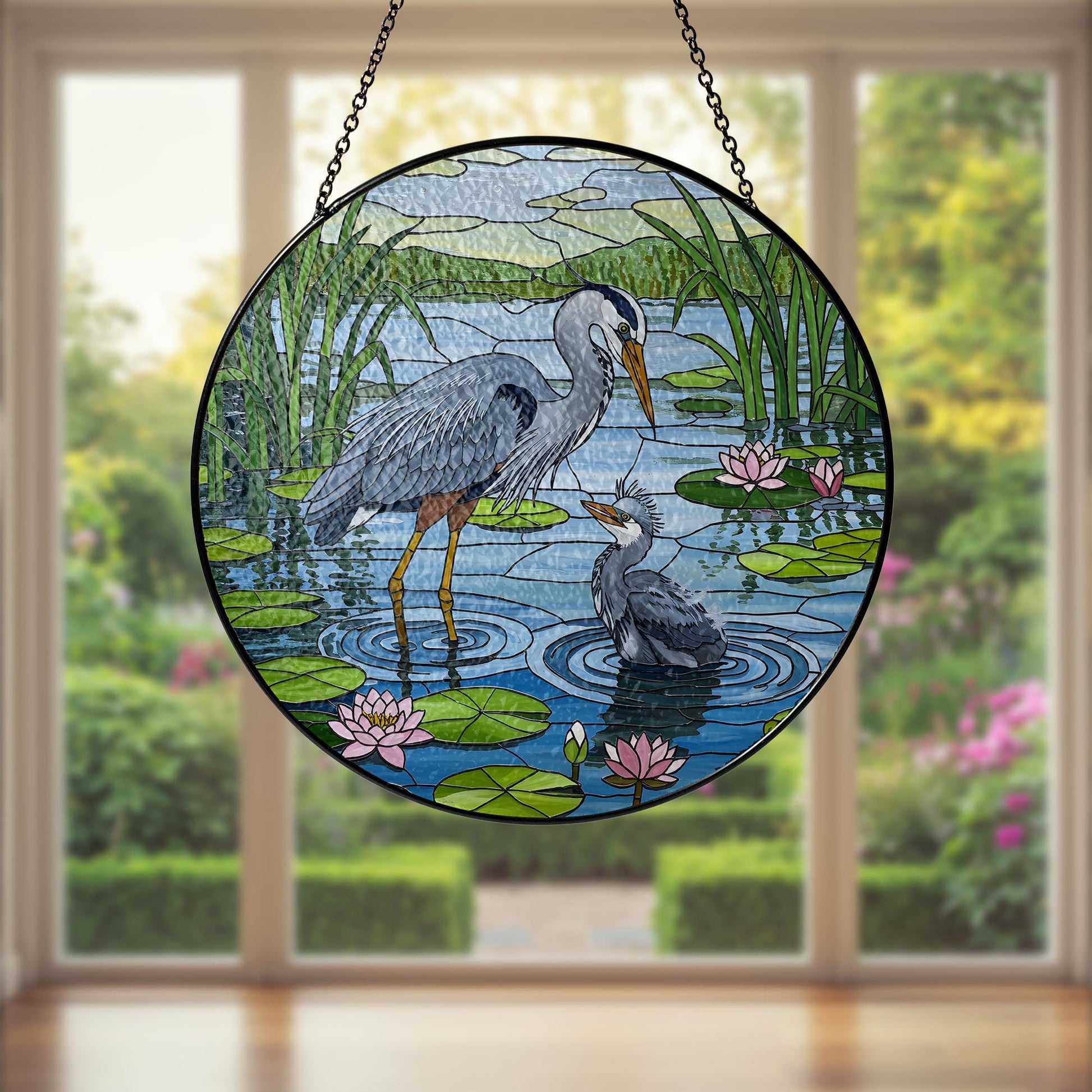 Blue Heron Mom and Baby Glass Suncatcher – Handmade Bird Art Gift for Mom – Mother’s Day Window Decor – Stained Glass Ornament