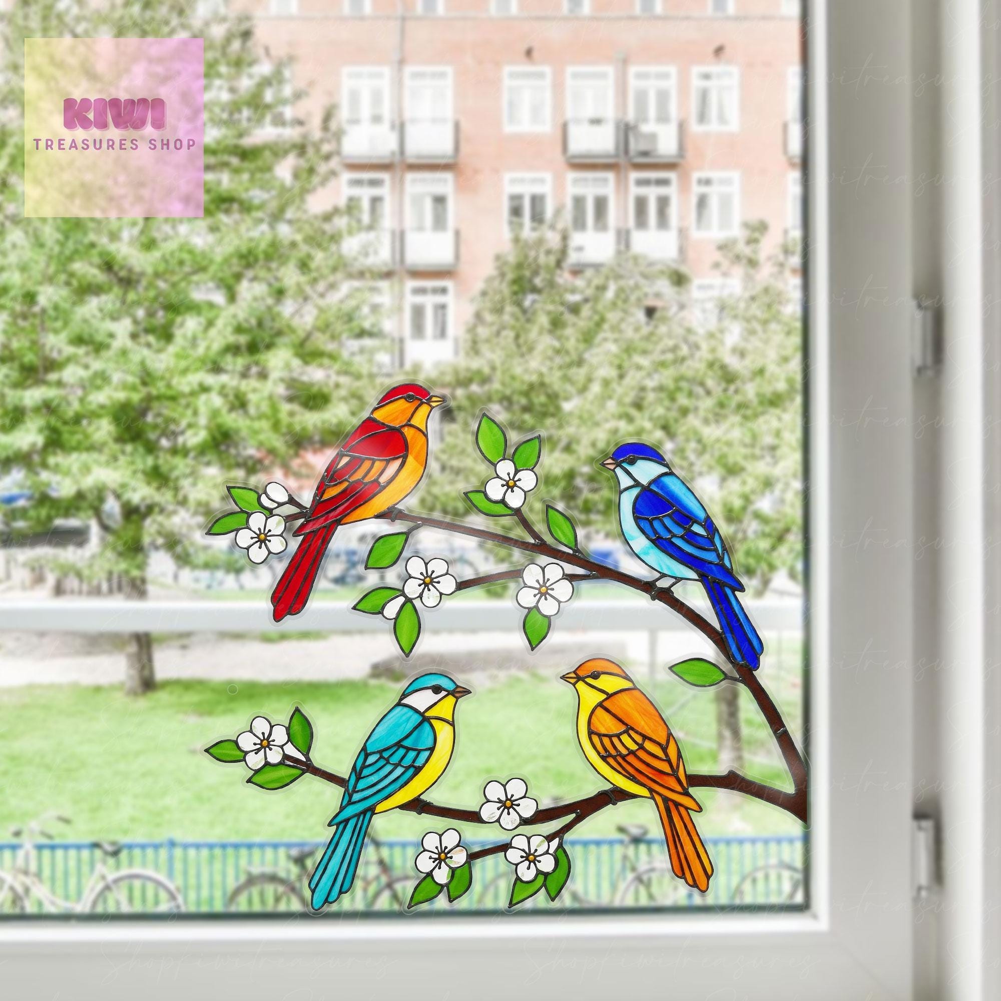 Colorful Birds on Branch Vinyl Decal | Nature Window Sticker | Bird Lover Decor | Flower and Bird Window Art | Colorful Wall Decal