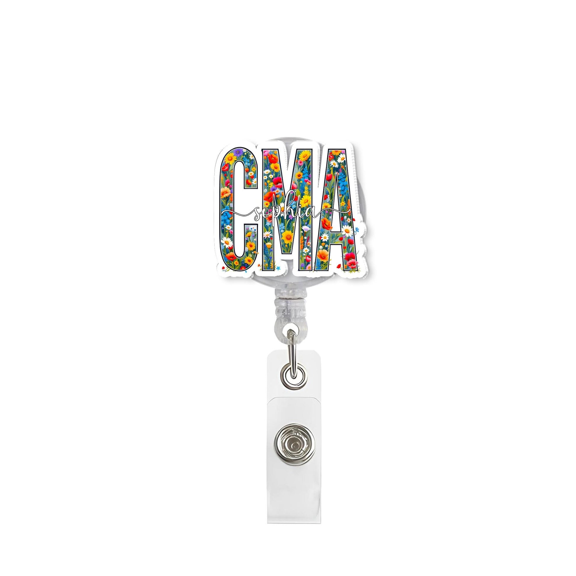 Personalized CMA Badge Reel, Floral Medical Assistant ID Holder, Custom Name Nurse Badge, Retractable Lanyard, Flower Design Gift