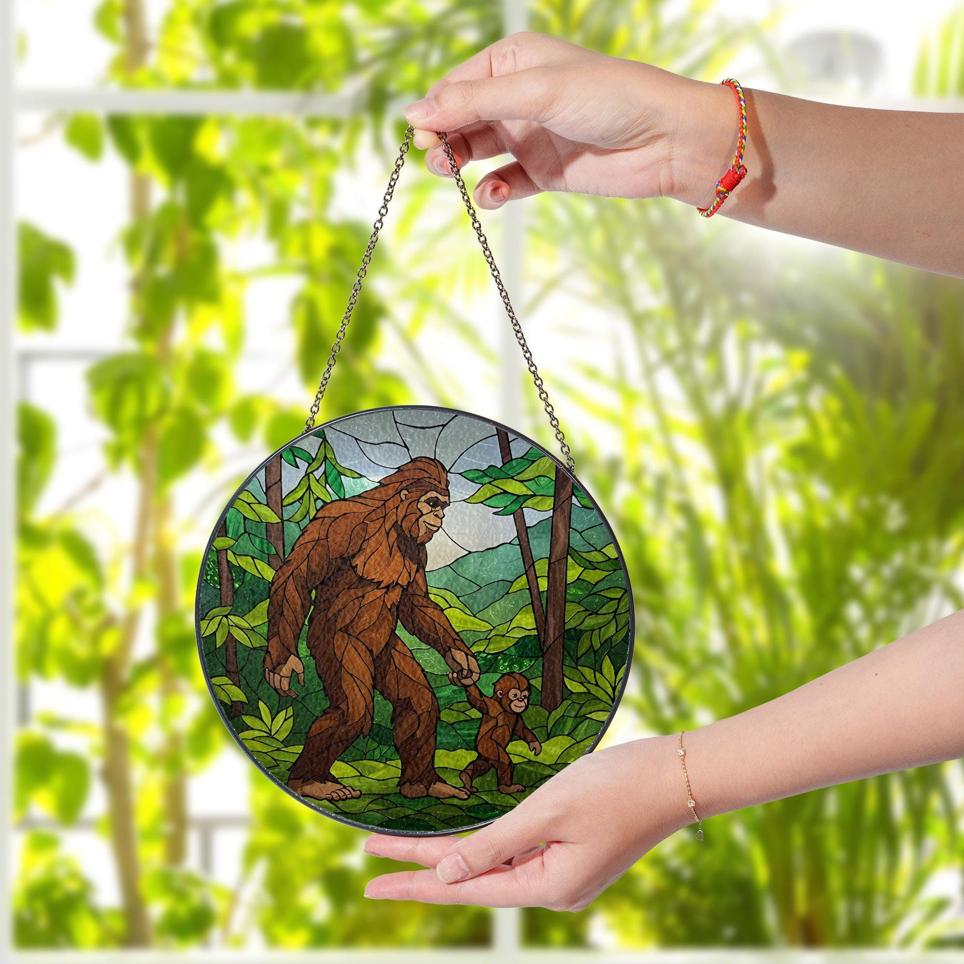 Bigfoot Dad with Baby Glass Suncatcher, Father's Day Gift, Bigfoot Ornament, Dad Gift, Unique Father's Day Decor, Glass Suncatcher,Funny Dad