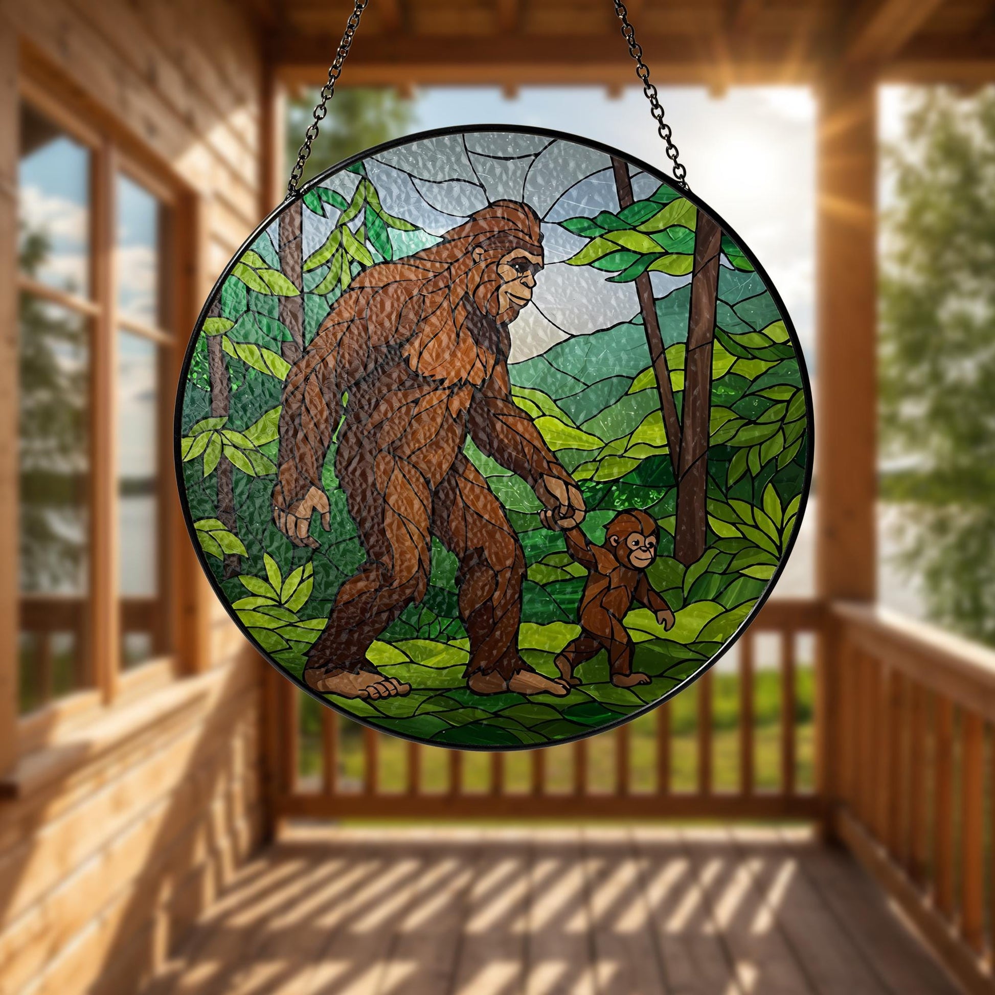 Bigfoot Dad with Baby Glass Suncatcher, Father's Day Gift, Bigfoot Ornament, Dad Gift, Unique Father's Day Decor, Glass Suncatcher,Funny Dad