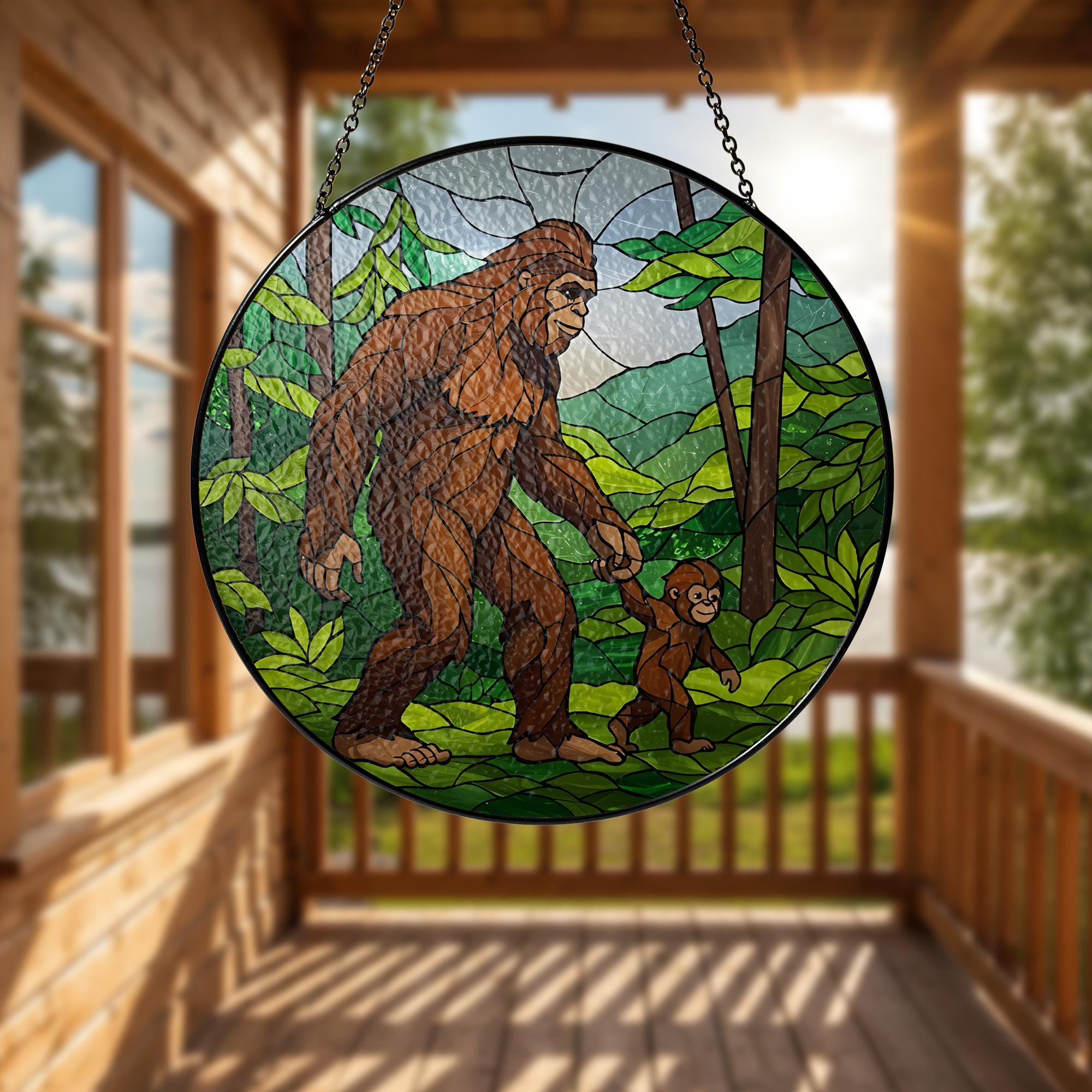 Bigfoot Dad with Baby Glass Suncatcher, Father's Day Gift, Bigfoot Ornament, Dad Gift, Unique Father's Day Decor, Glass Suncatcher,Funny Dad